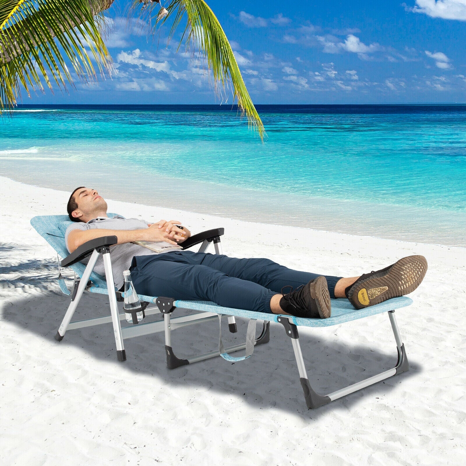 Beach Folding Chaise Lounge Recliner with 7 Adjustable Position