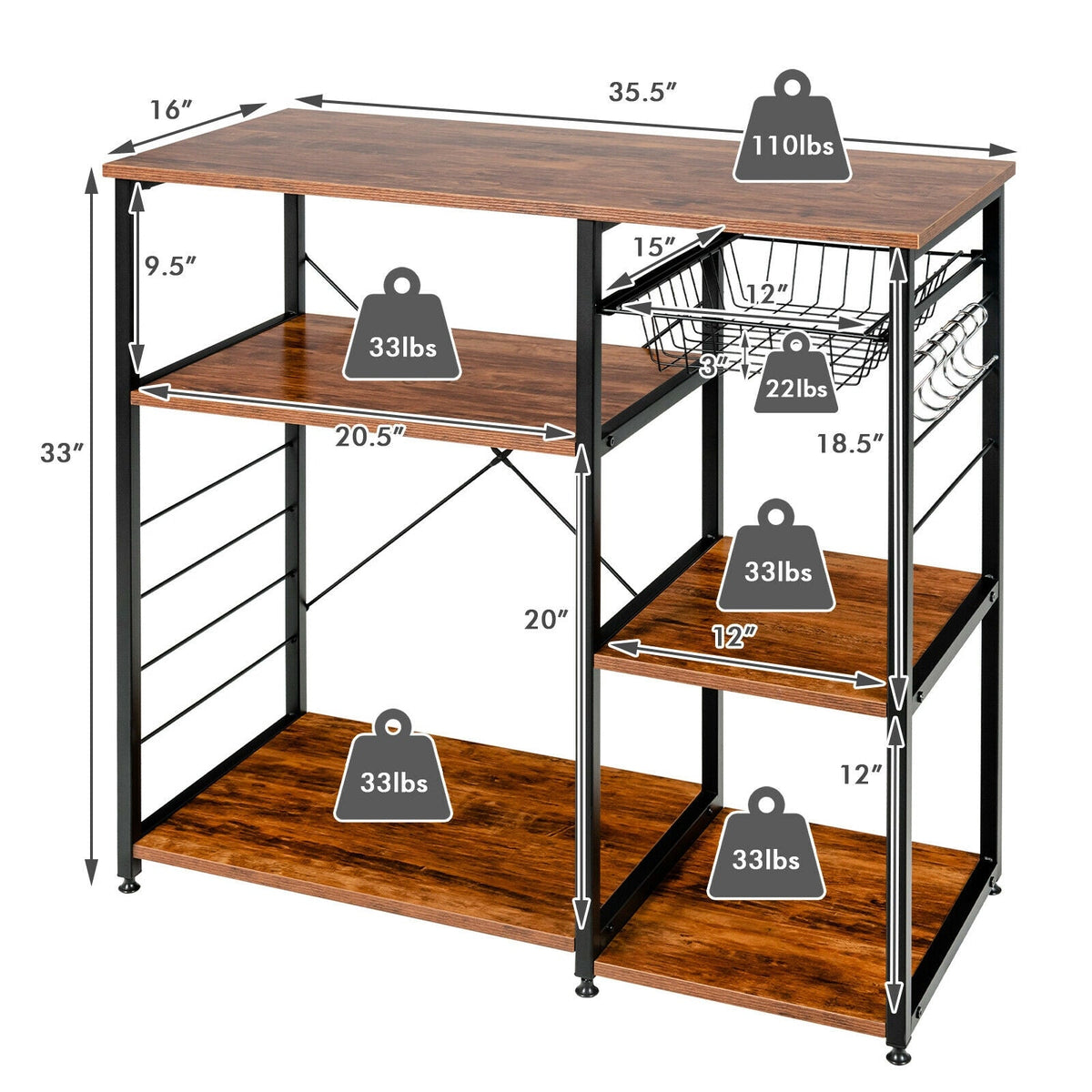 Industrial Kitchen Baker's Rack Microwave Shelf with 6 Hooks
