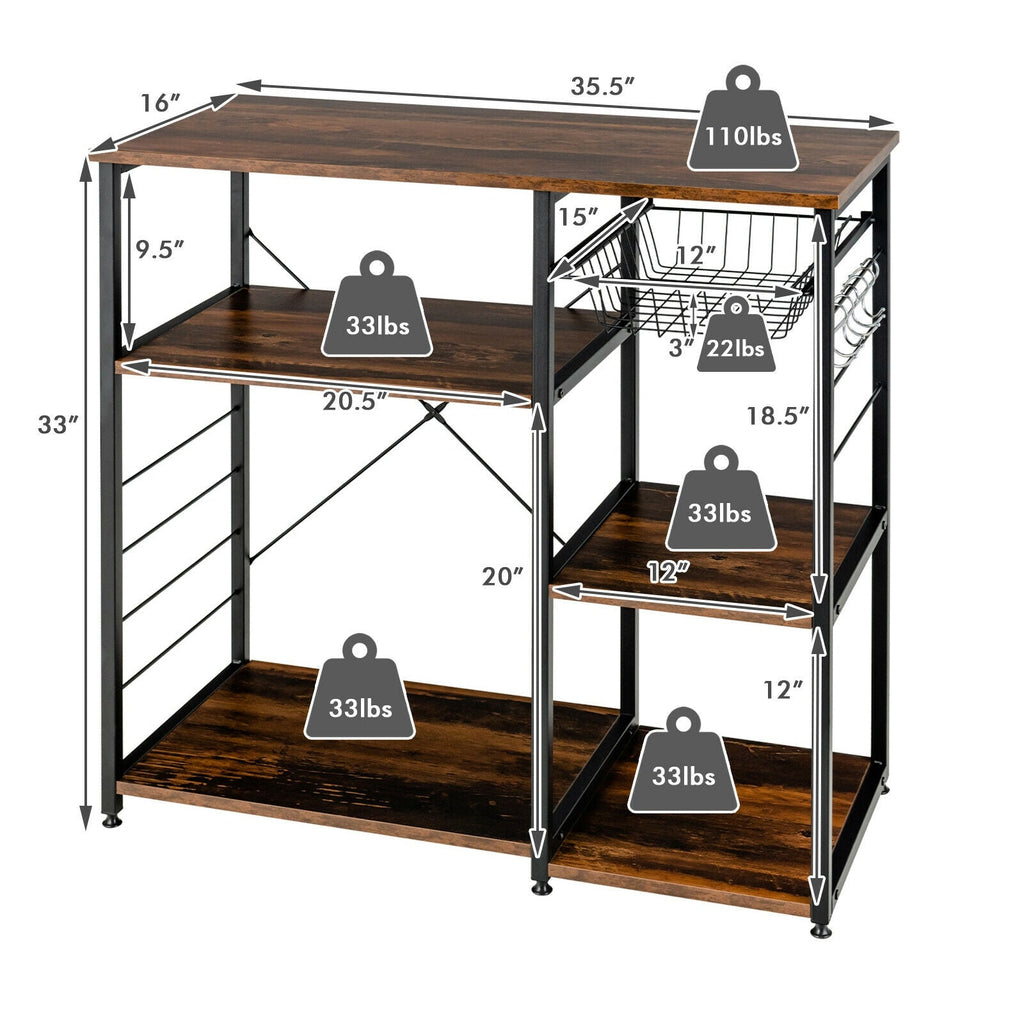 Industrial Kitchen Baker's Rack Microwave Shelf with 6 Hooks