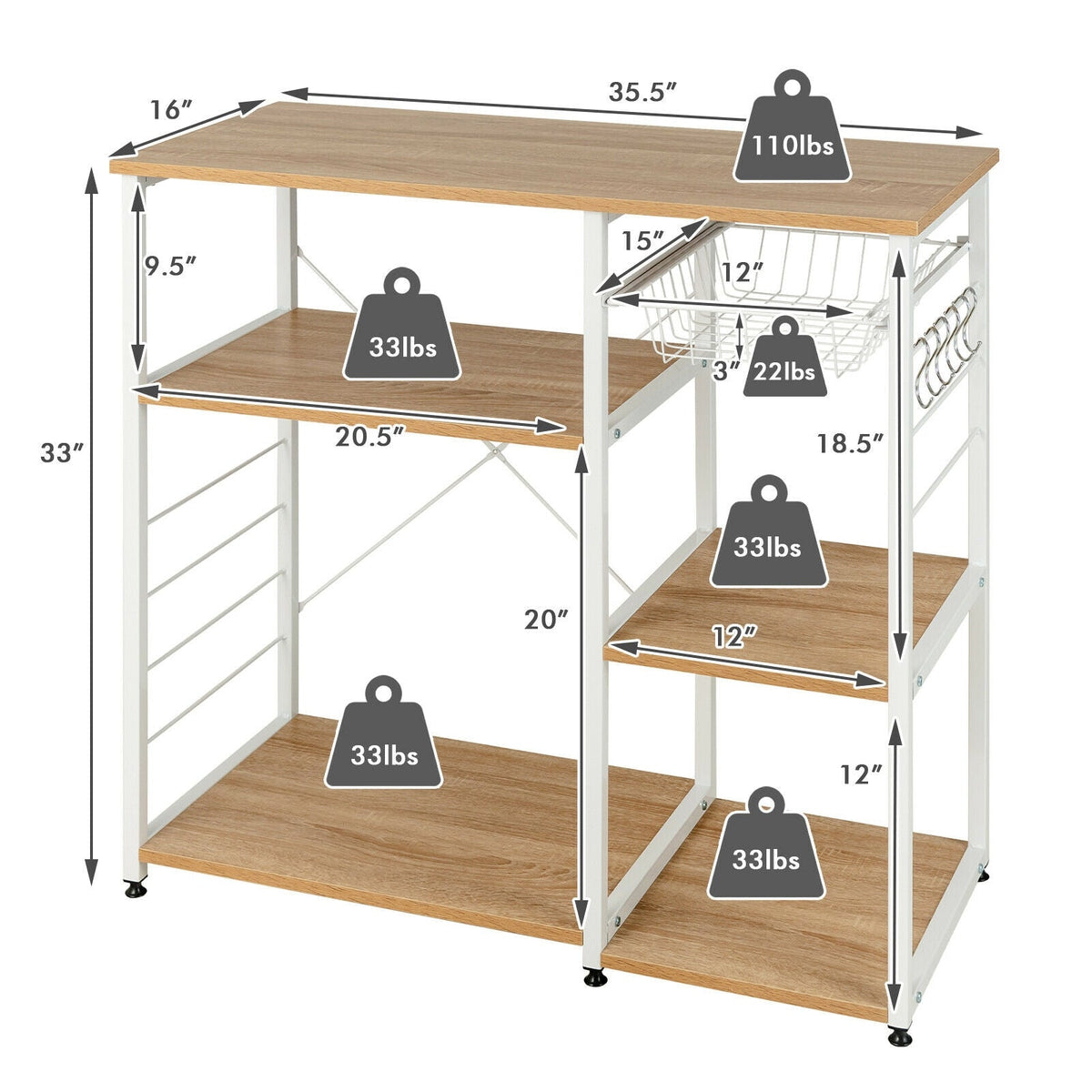 Industrial Kitchen Baker's Rack Microwave Shelf with 6 Hooks