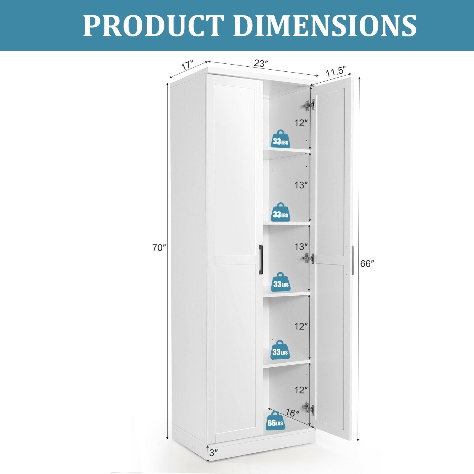 70 Inch Freestanding Storage Cabinet with 2 Doors and 5 Shelves