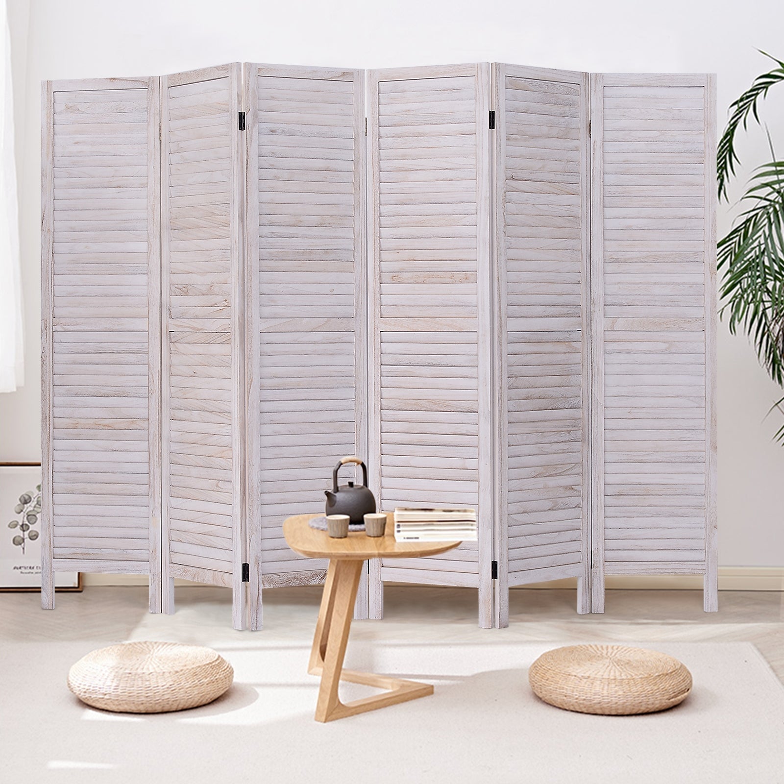 6 Panels Classic Venetian Wooden Slat Room Screen-White
