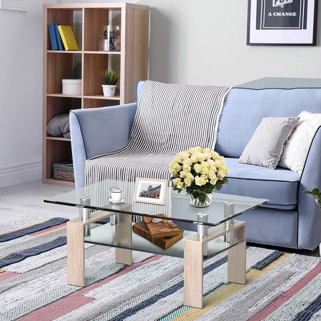 Rectangle Glass Coffee Table with Metal Legs for Living Room