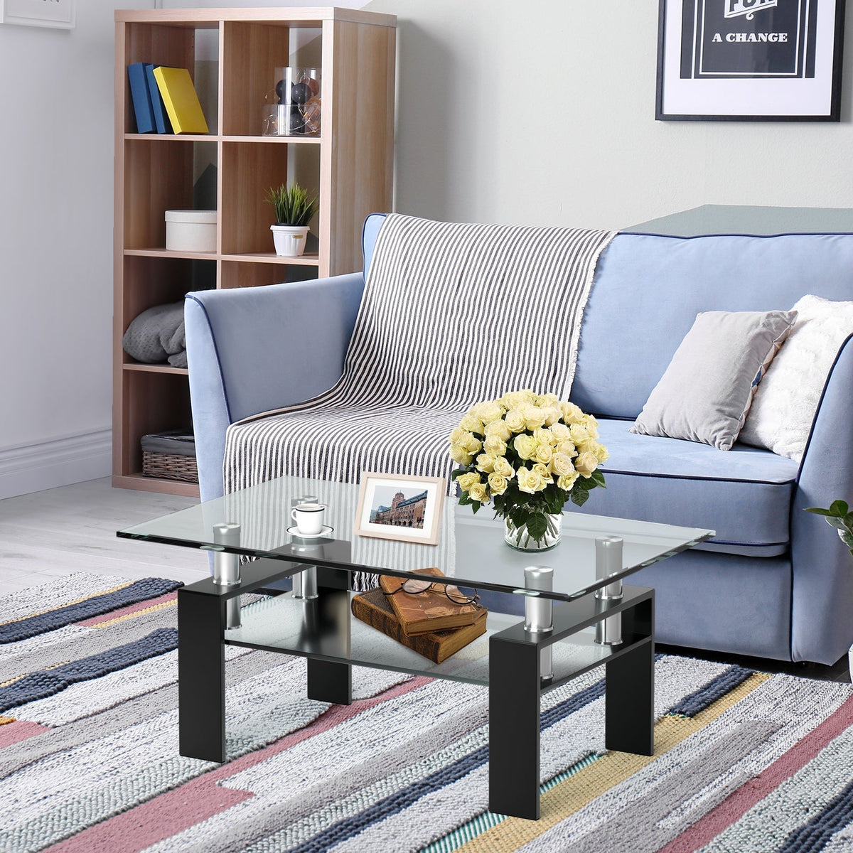 Rectangle Glass Coffee Table with Metal Legs for Living Room