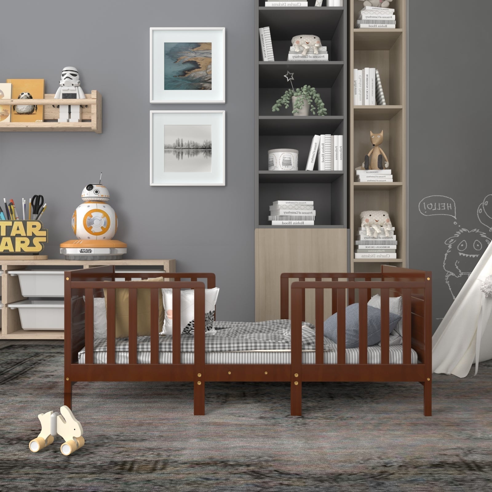 2-in-1 Convertible Kids Wooden Bedroom Furniture with Guardrails