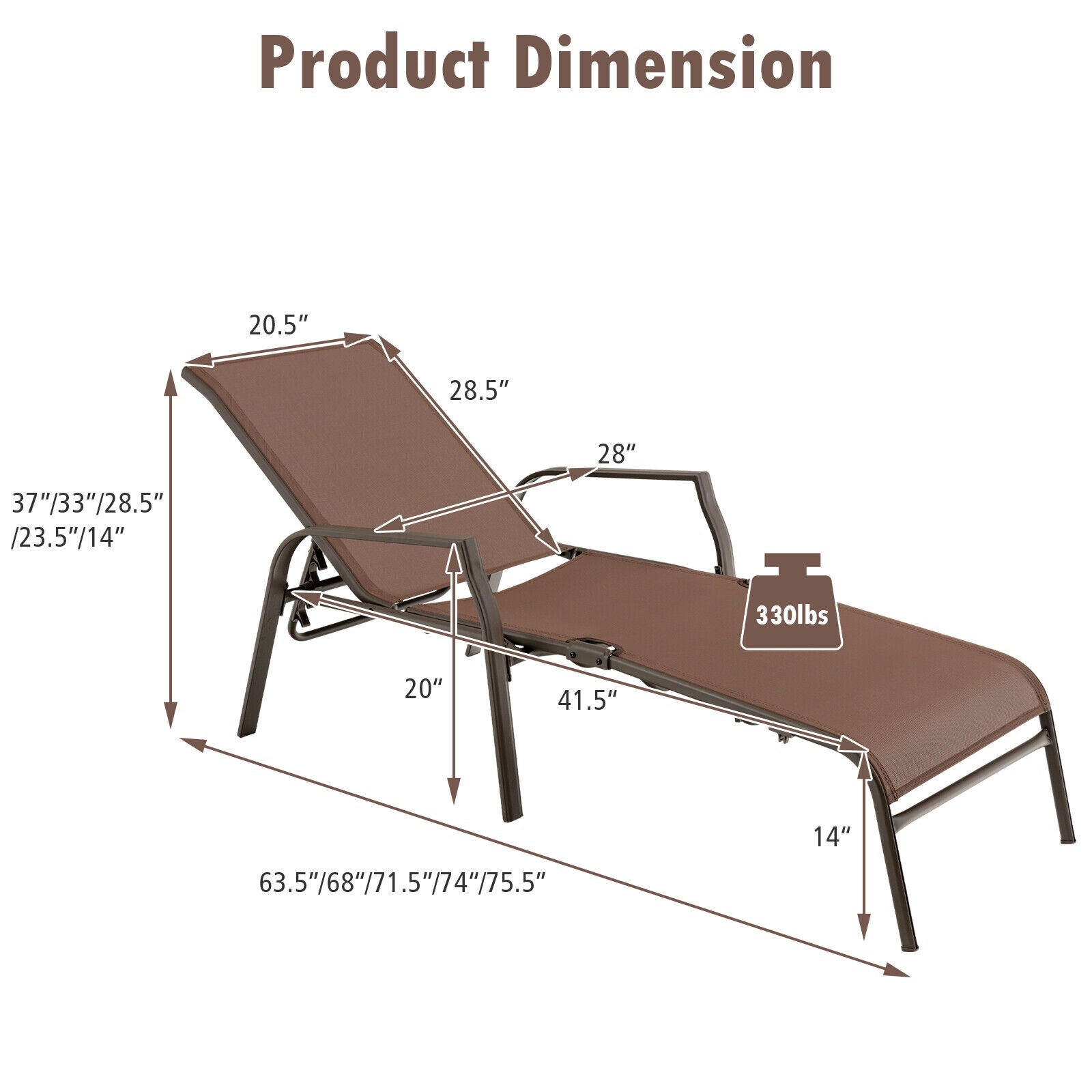 2 Pieces Patio Folding Chaise Lounge Chair Set with Adjustable Back-Brown