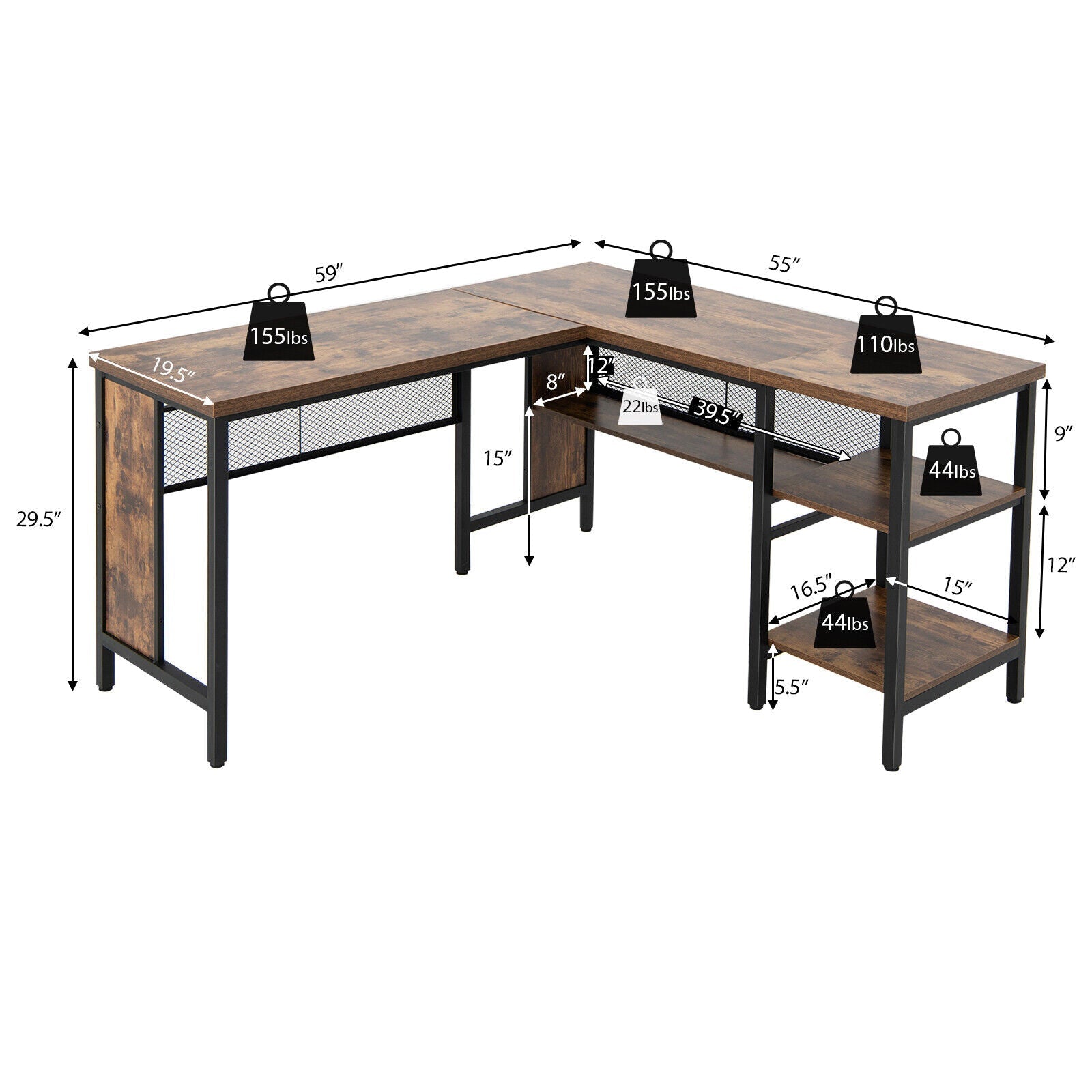 Industrial L-Shaped Corner Computer Desk Office Workstation with Storage Shelves