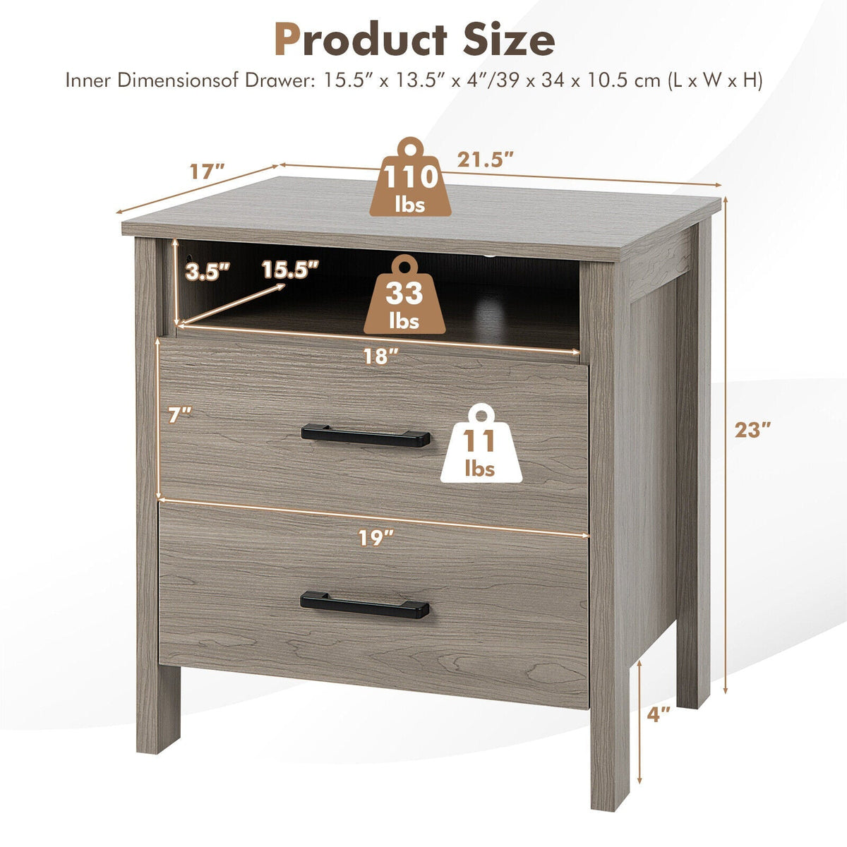 Modern Wood Grain Nightstand with Cable Hole and Open Compartment