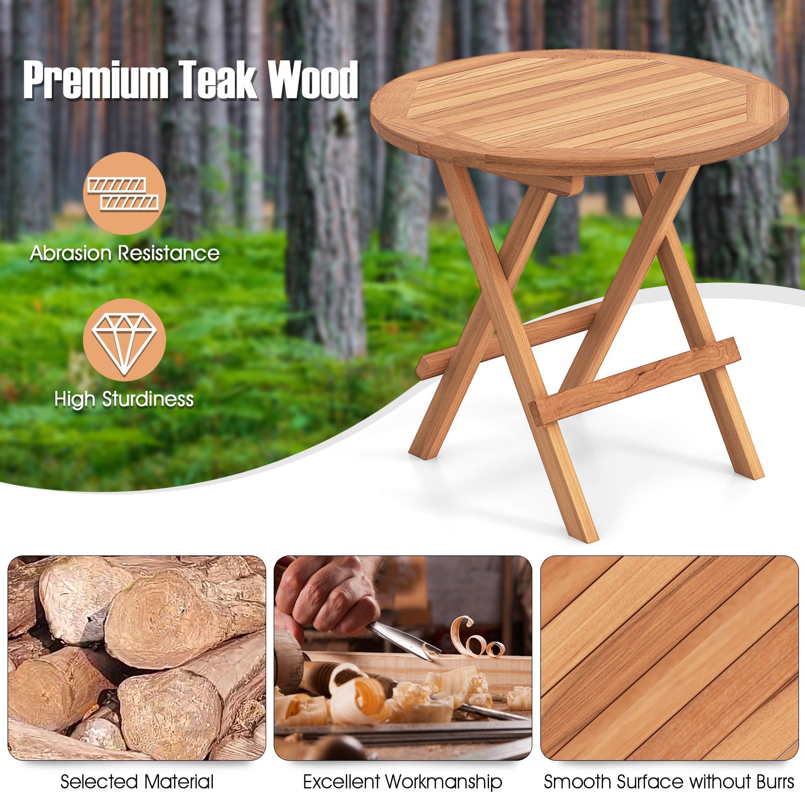 Round Patio Folding Coffee Table Indonesia Teak Wood with Slatted Tabletop