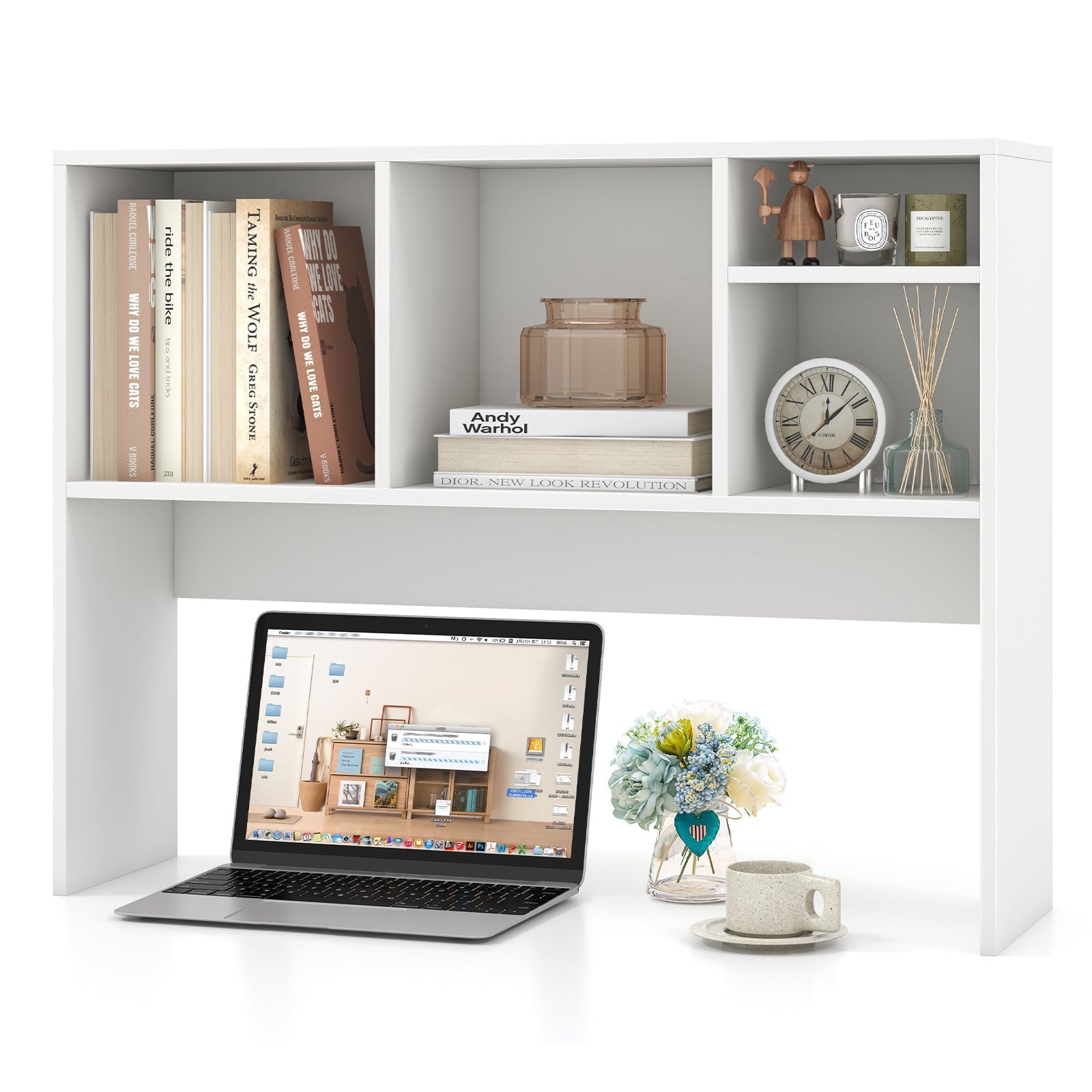 Computer Desktop Bookcase with 4 Cubbies and Open Back Compartment