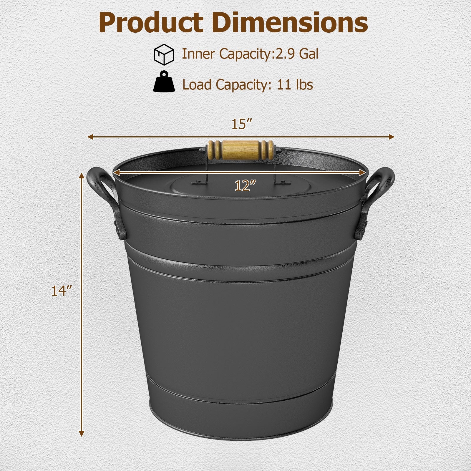 2.9 Gallon Metal Coal Ash Can with Wooden Lid and Side Grips for Fireplace Fire Pits