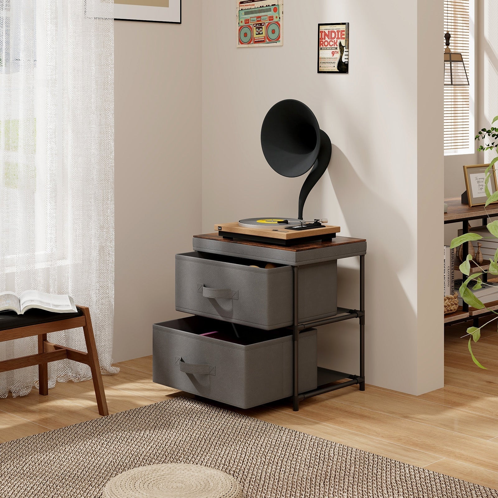 2-Drawer Nightstand with Removable Fabric Bins and Pull Handles