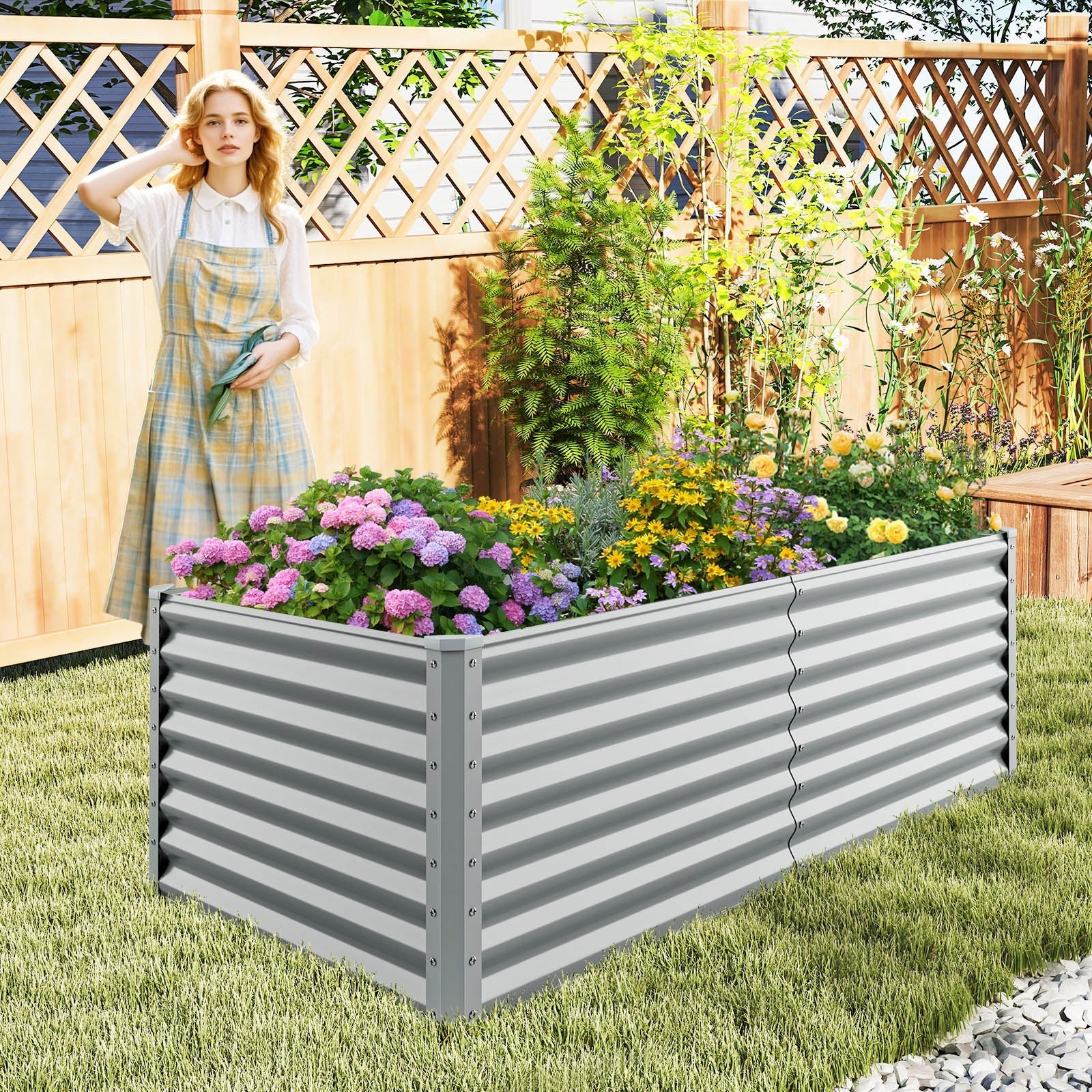 6 x 3 x 2 Feet Metal Rectangular Raised Garden Bed with Open Bottom Design