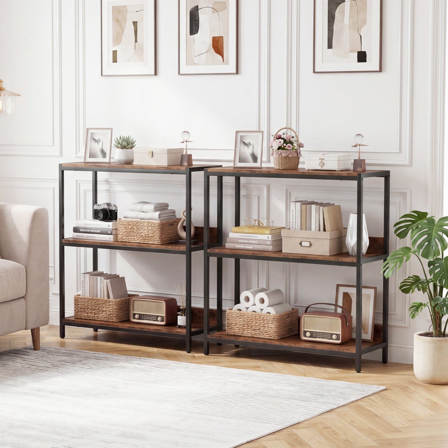 2-Pack 3-Tier Industrial Bookshelf with Metal Frame