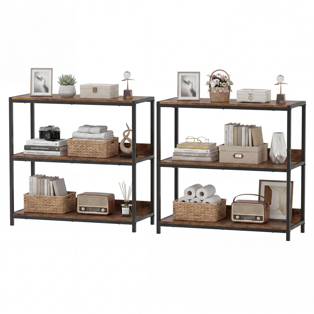 2-Pack 3-Tier Industrial Bookshelf with Metal Frame