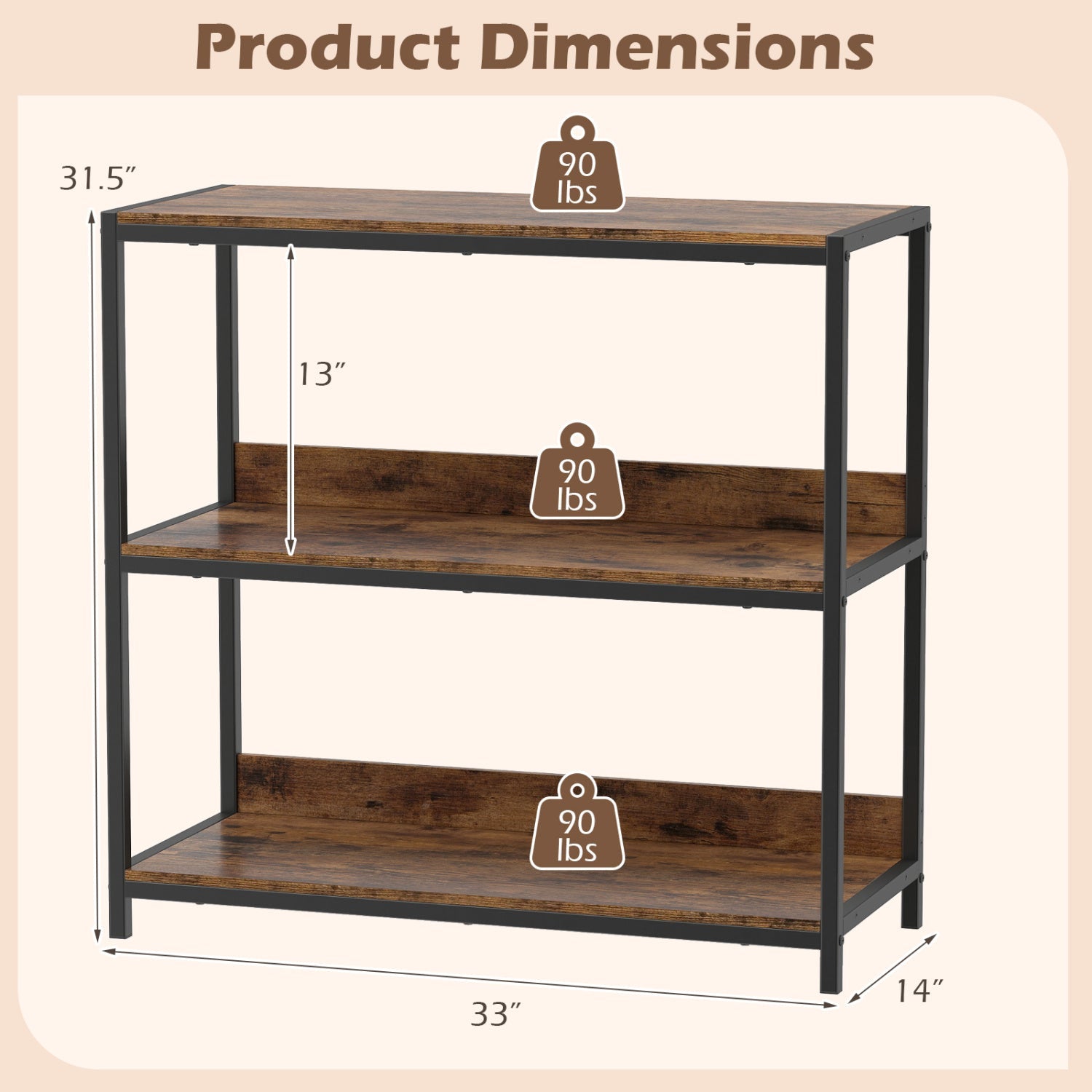 2-Pack 3-Tier Industrial Bookshelf with Metal Frame
