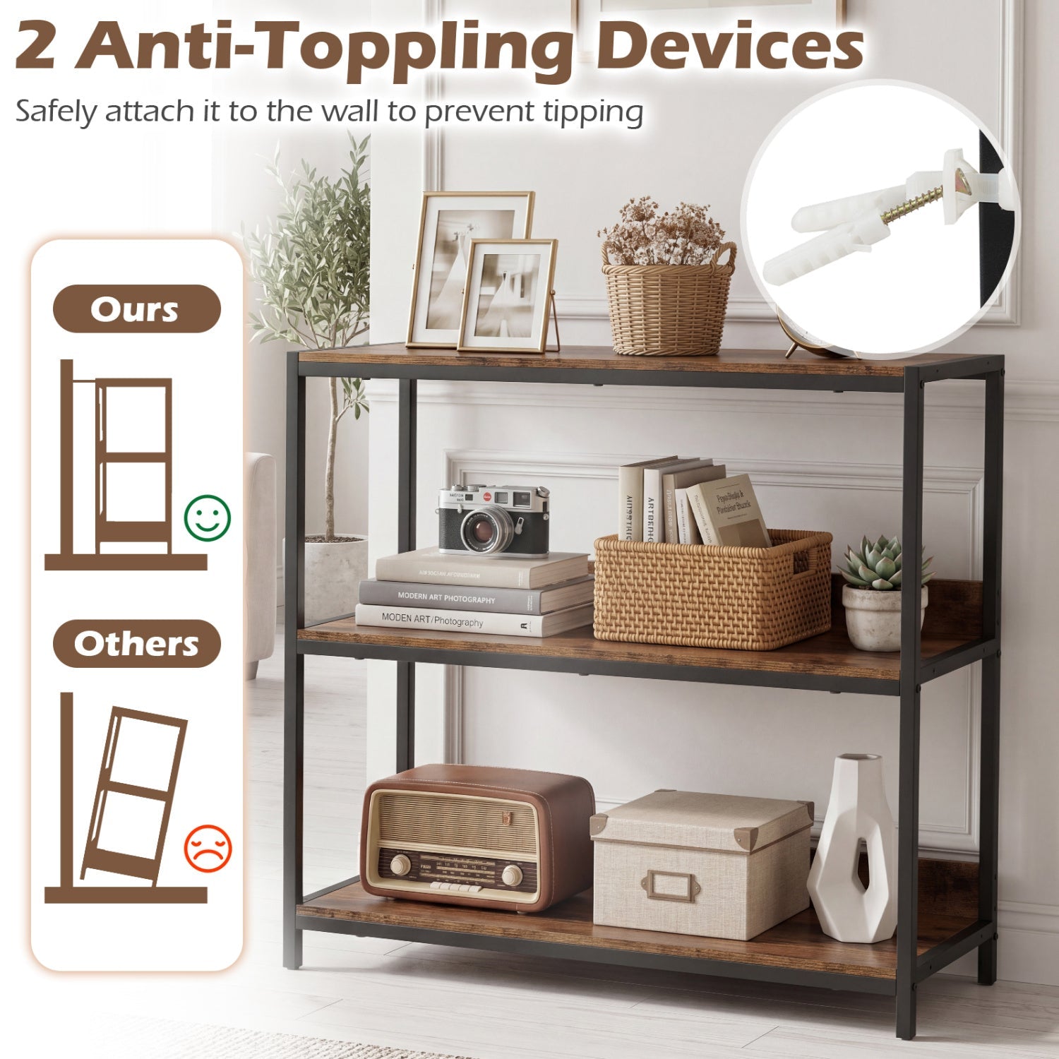 2-Pack 3-Tier Industrial Bookshelf with Metal Frame