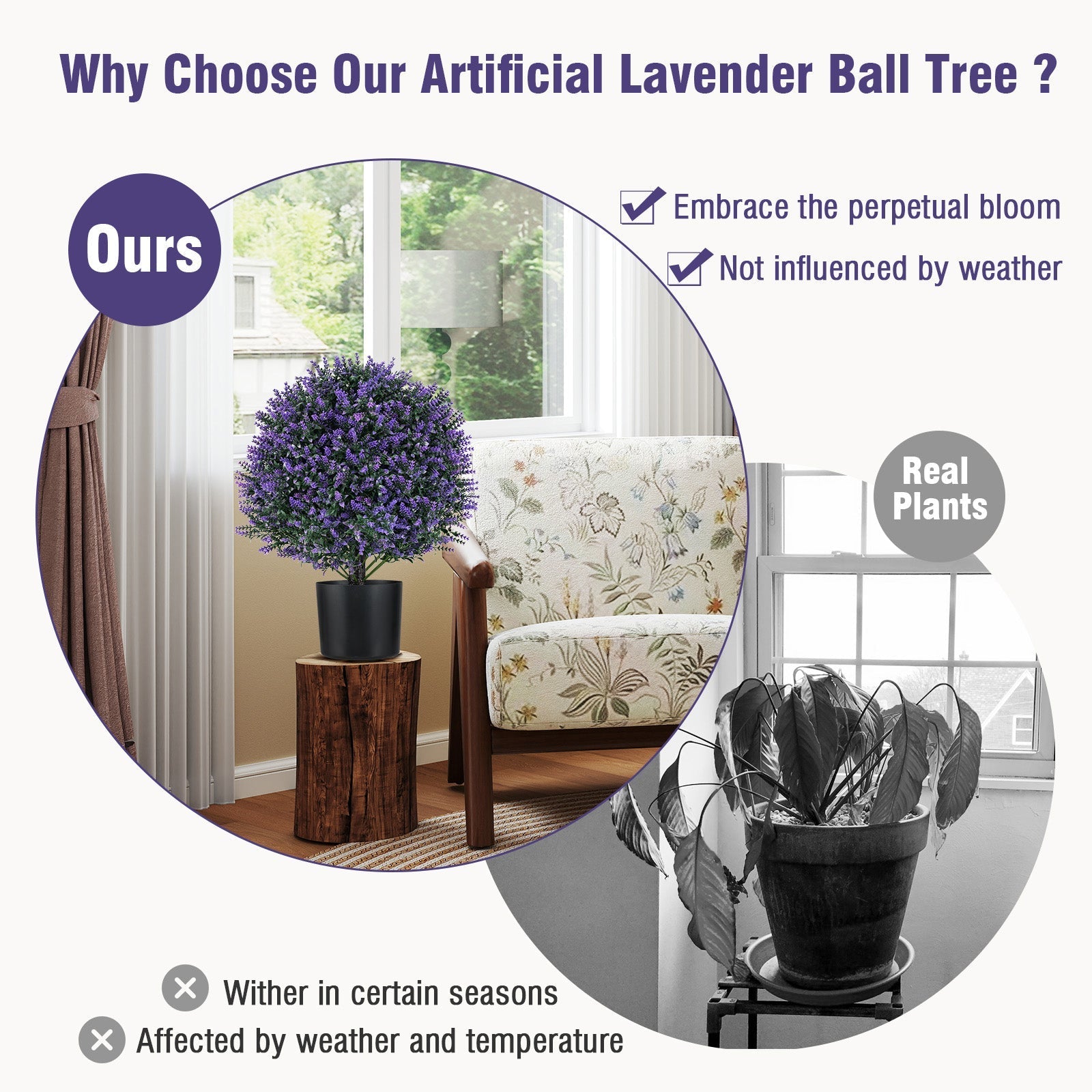 2 Pack Artificial Lavender Topiary Ball Tree Faux Shrub Bushes with Flowers-Purple