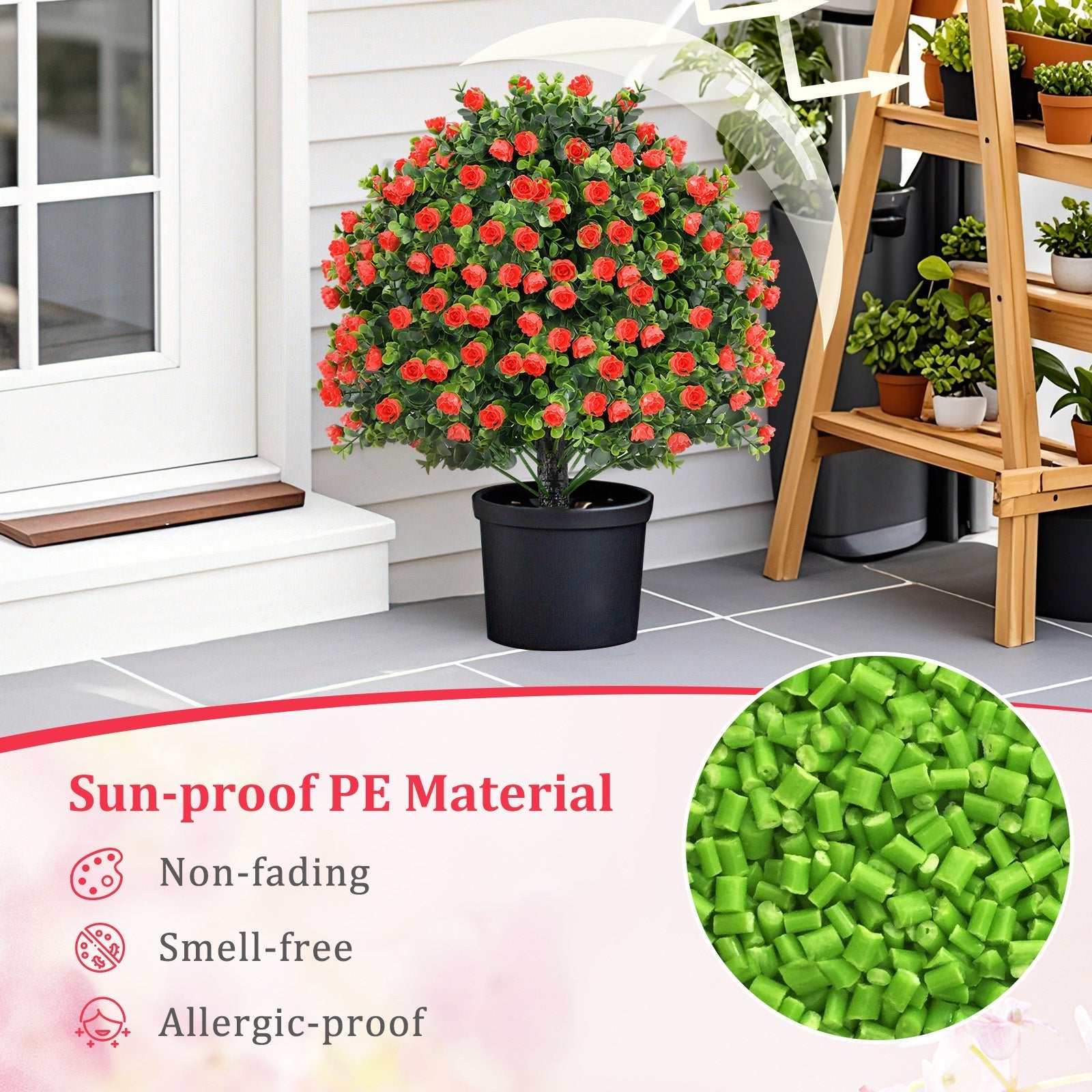 2 Pack Artificial Rose Topiary Ball Tree Faux Shrub Bushes with Flowers-Red