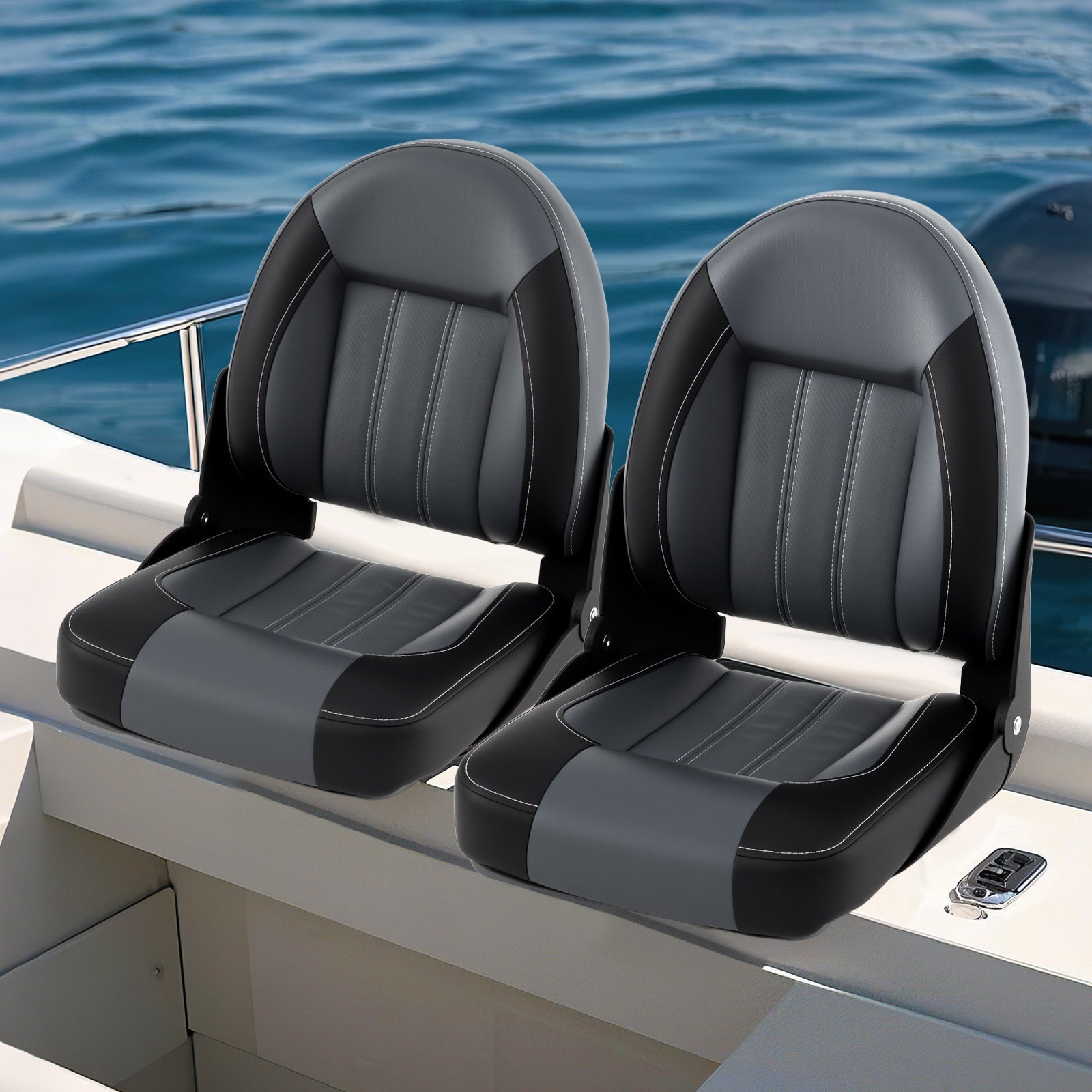 2-Pack Folding High Back Boat Chairs with Sponge Padding and Fixing Bolts-Black