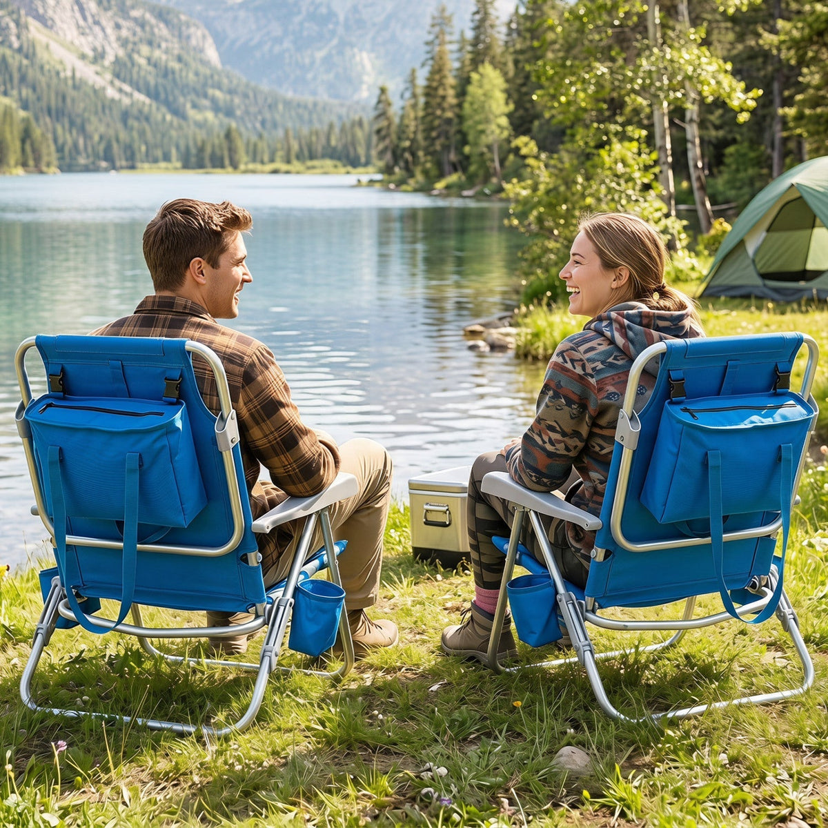 Folding Beach Chair with 7-Position Backrest & Cooler Bag