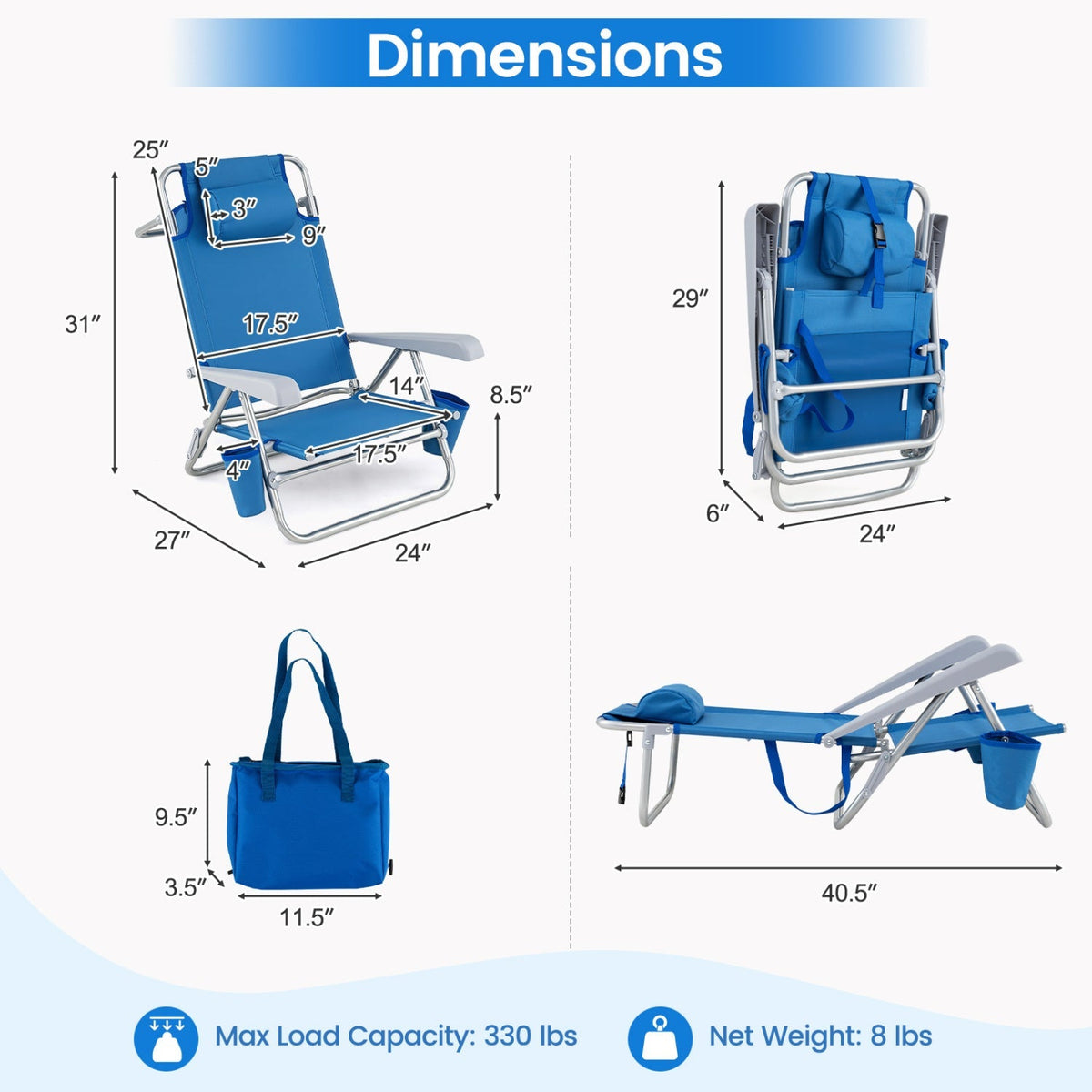Folding Beach Chair with 7-Position Backrest & Cooler Bag