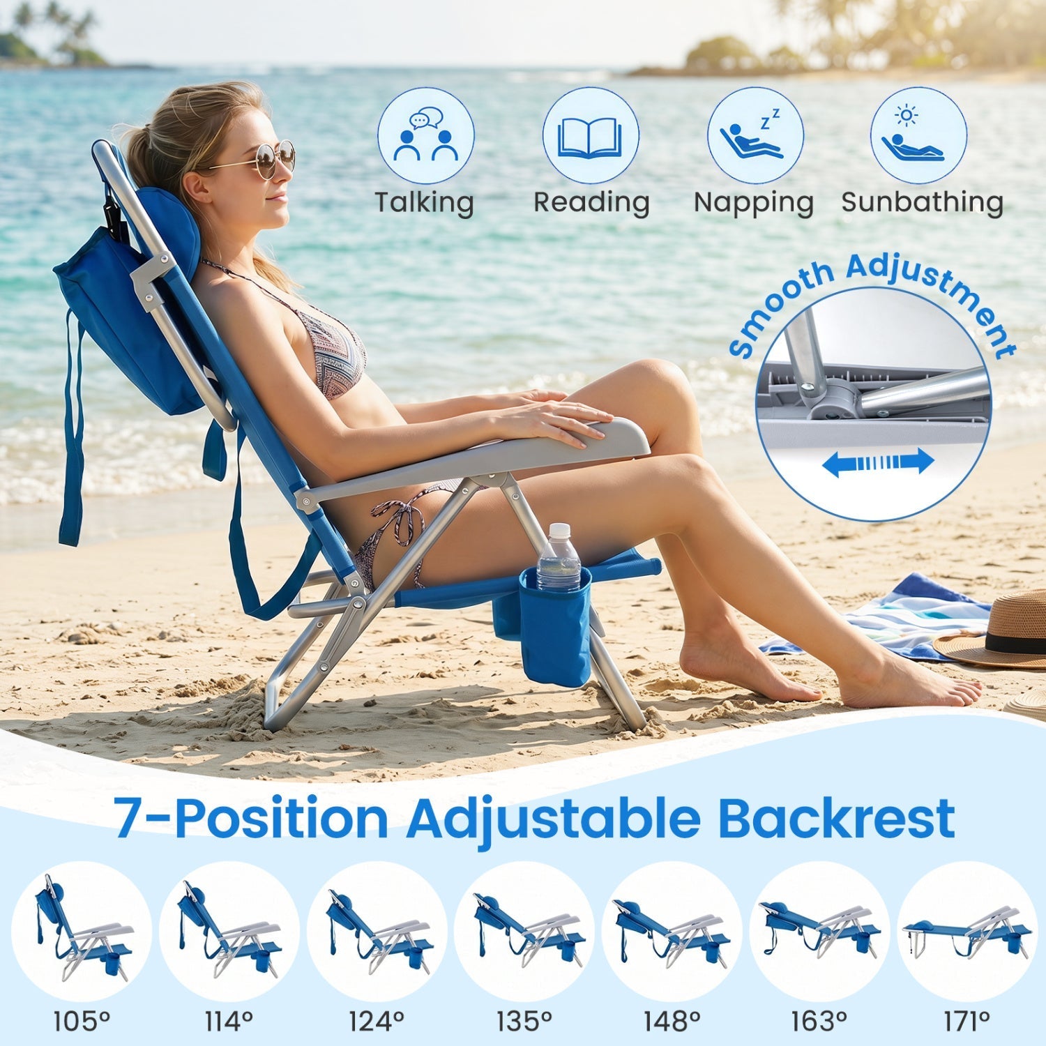 Folding Beach Chair with 7-Position Backrest & Cooler Bag