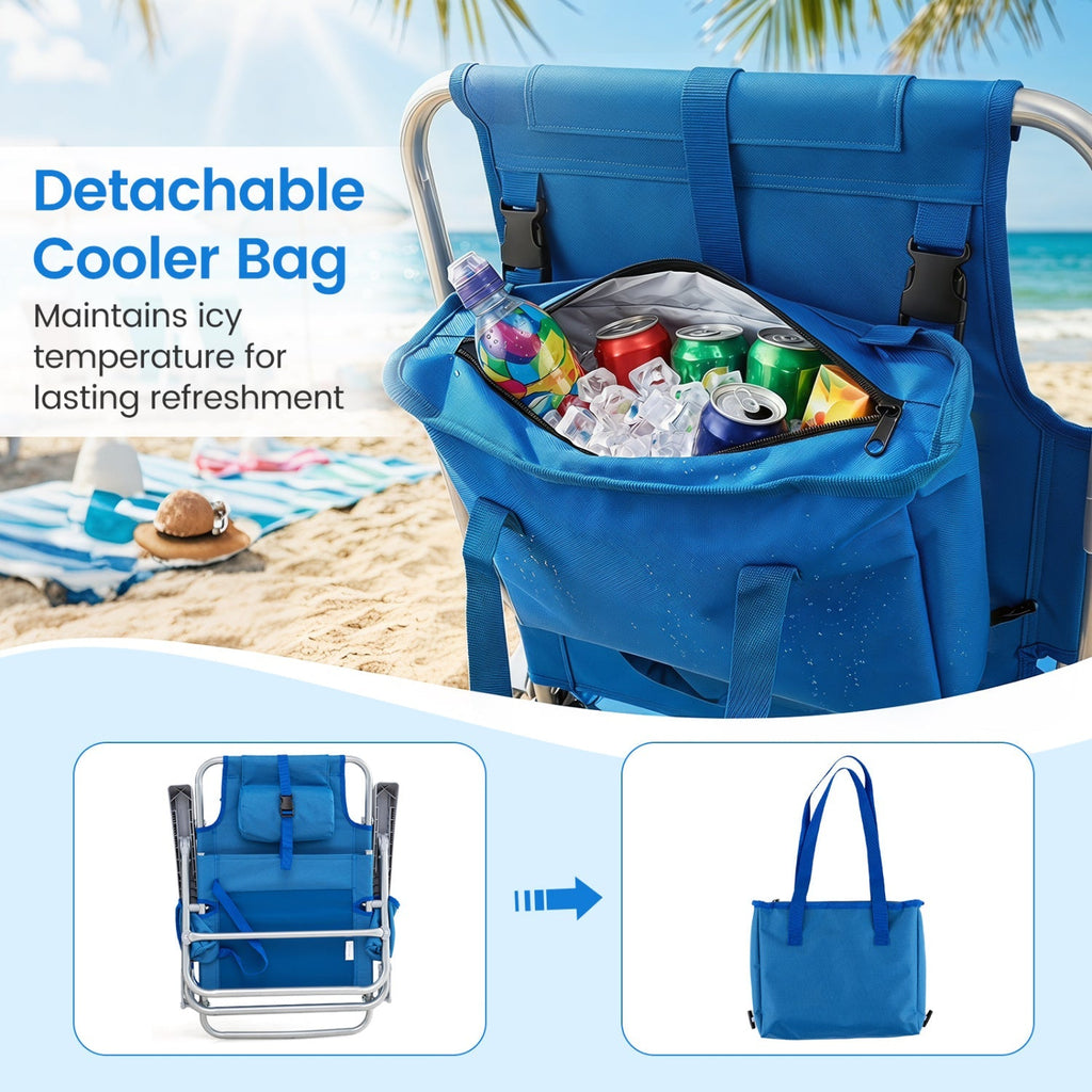 Folding Beach Chair with 7-Position Backrest & Cooler Bag