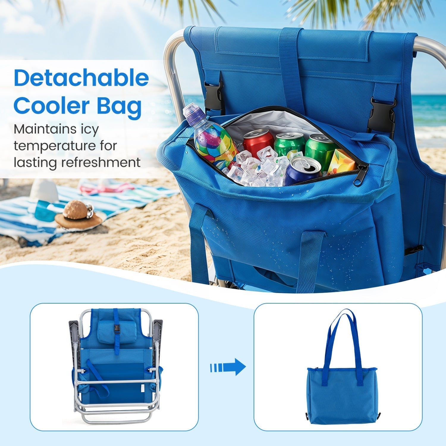 Folding Beach Chair with 7-Position Backrest & Cooler Bag