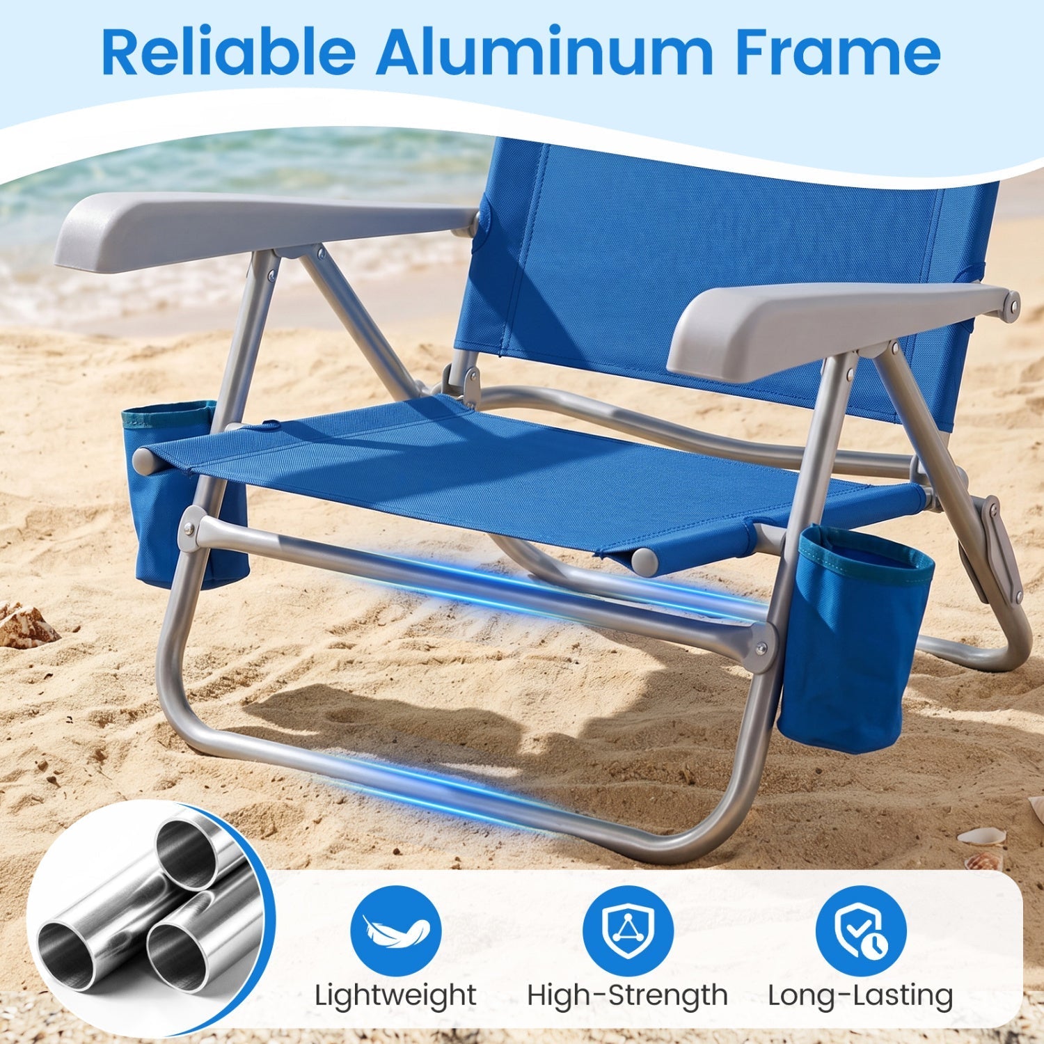 Folding Beach Chair with 7-Position Backrest & Cooler Bag