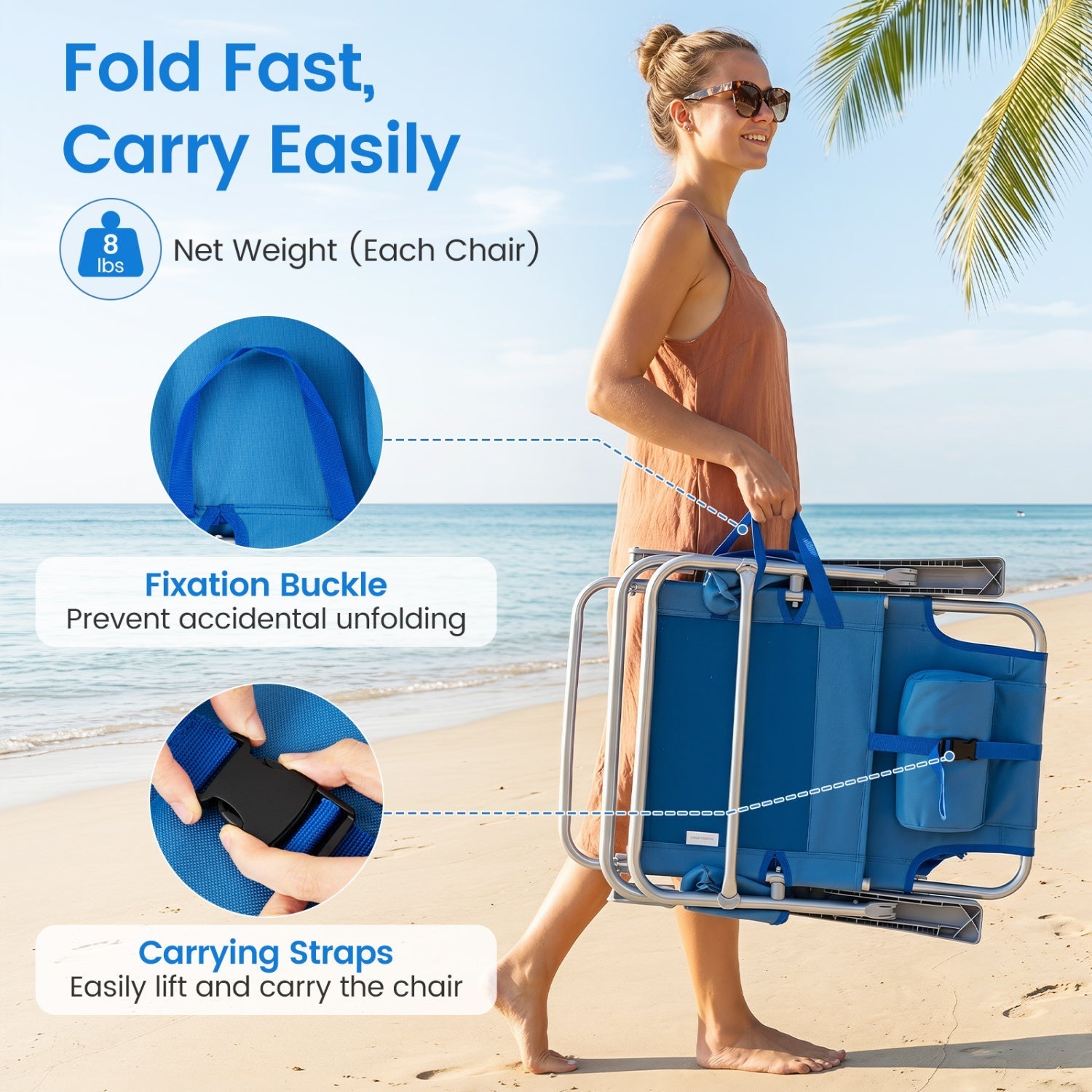 Folding Beach Chair with 7-Position Backrest & Cooler Bag