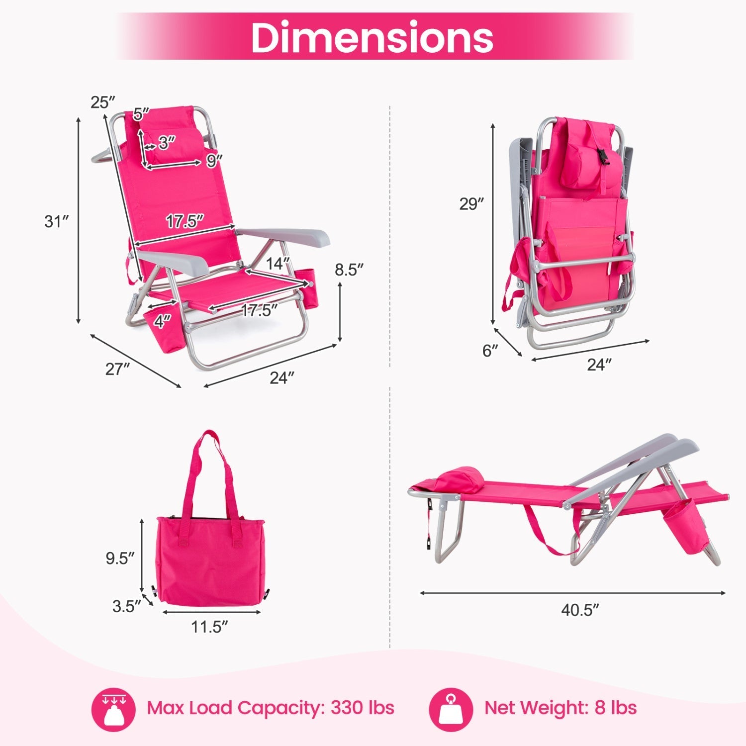 Folding Beach Chair with 7-Position Backrest & Cooler Bag