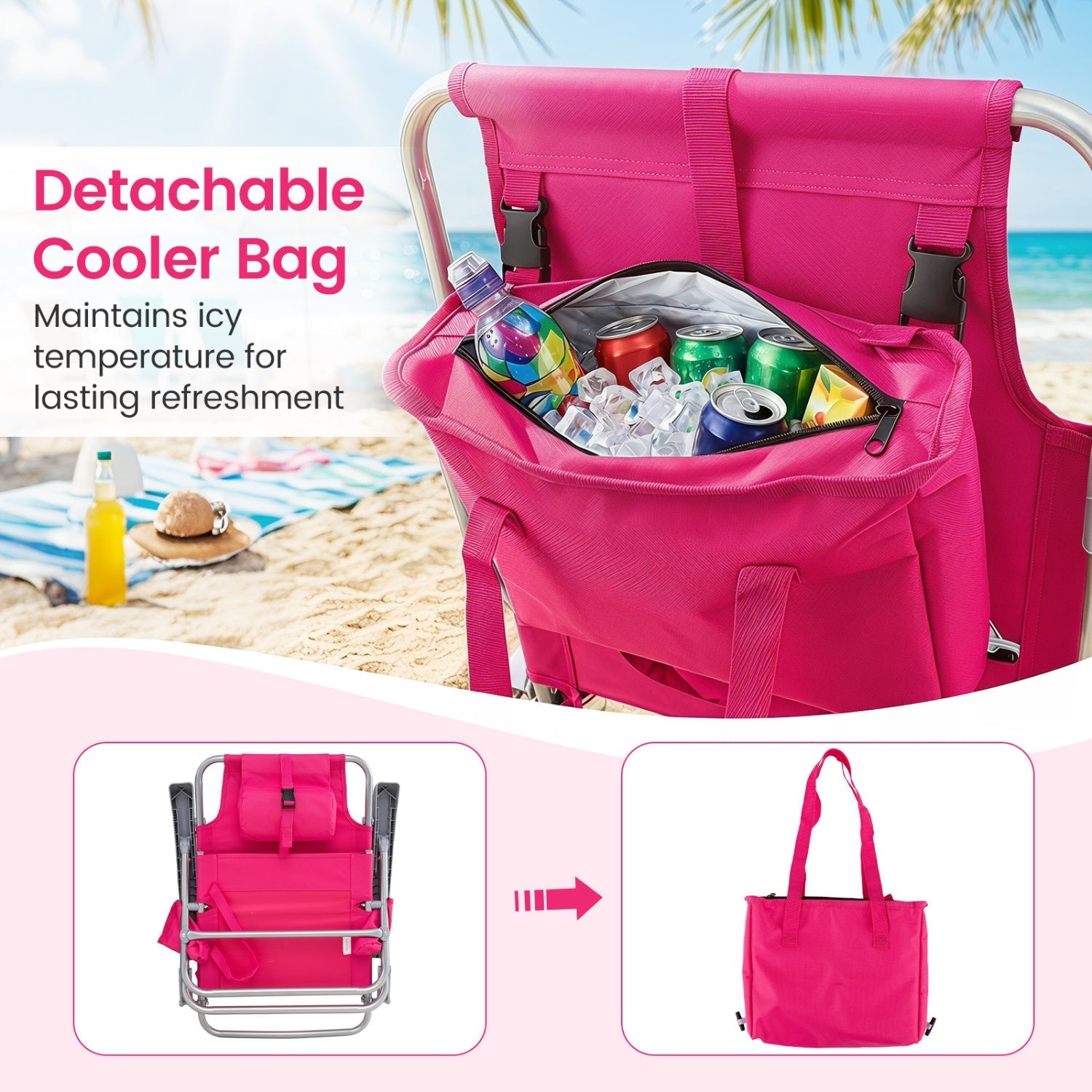 Folding Beach Chair with 7-Position Backrest & Cooler Bag
