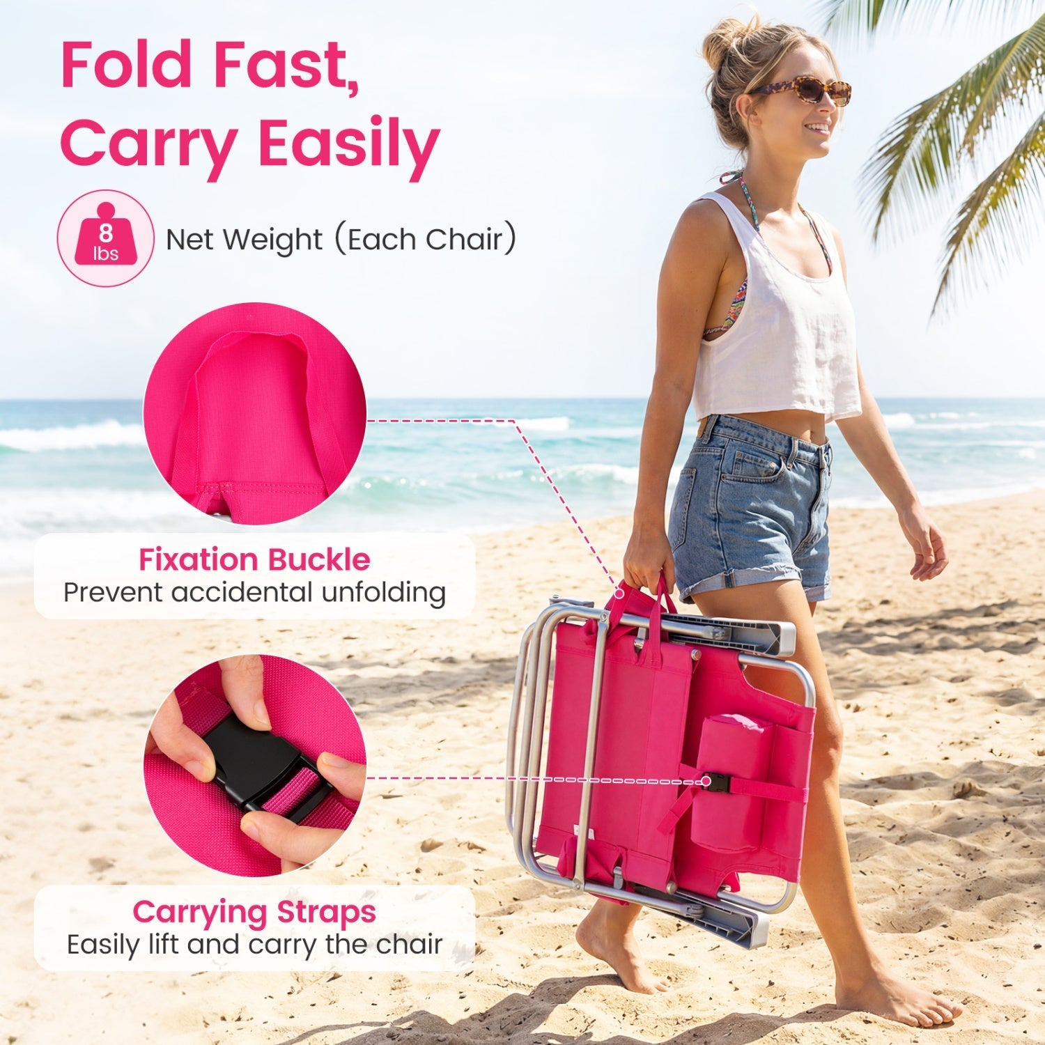 Folding Beach Chair with 7-Position Backrest & Cooler Bag