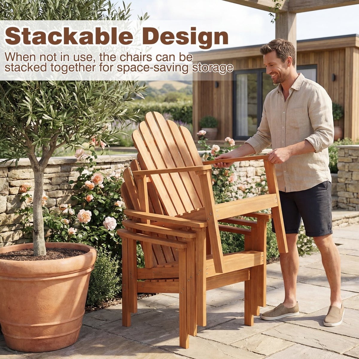Stackable Adirondack Chairs - Solid Acacia Wood (2-Pack)