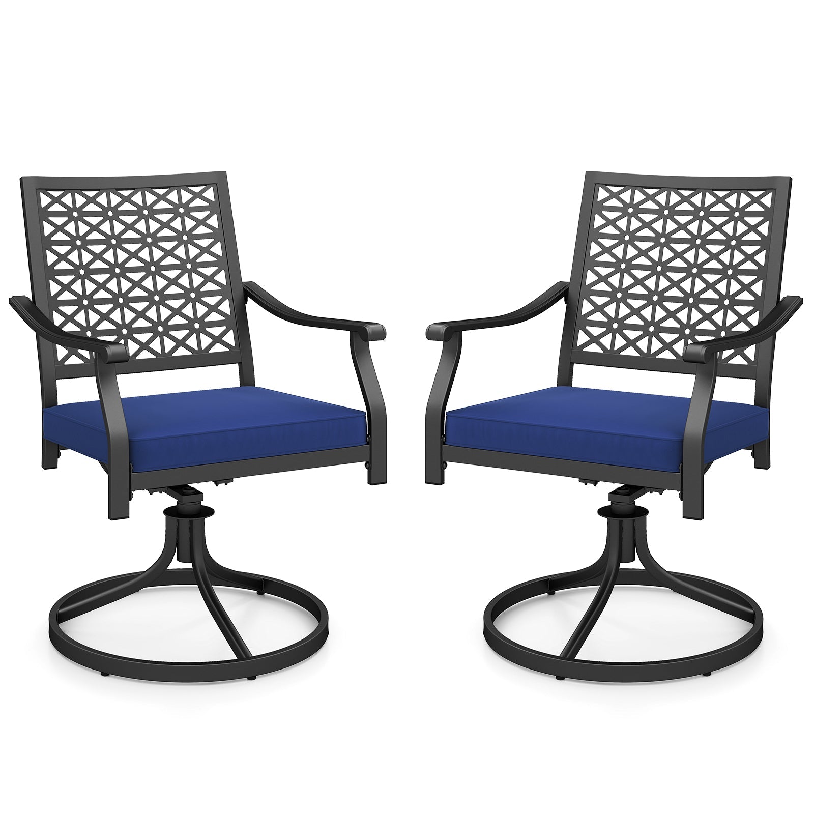 2 Pack Swivel Outdoor Chairs with Soft Cushions and Round Steel Base-Navy