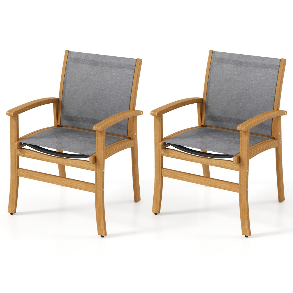Patio Chairs Set of 2 Acacia Wood Armchairs with Breathable Fabric Back and Seat