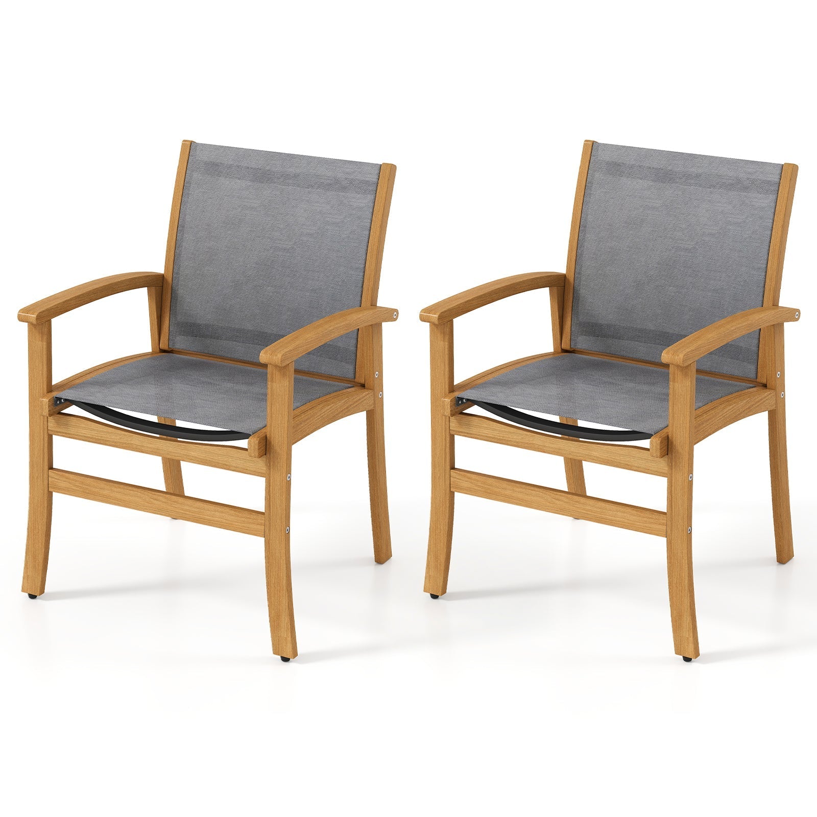 Patio Chairs Set of 2 Acacia Wood Armchairs with Breathable Fabric Back and Seat