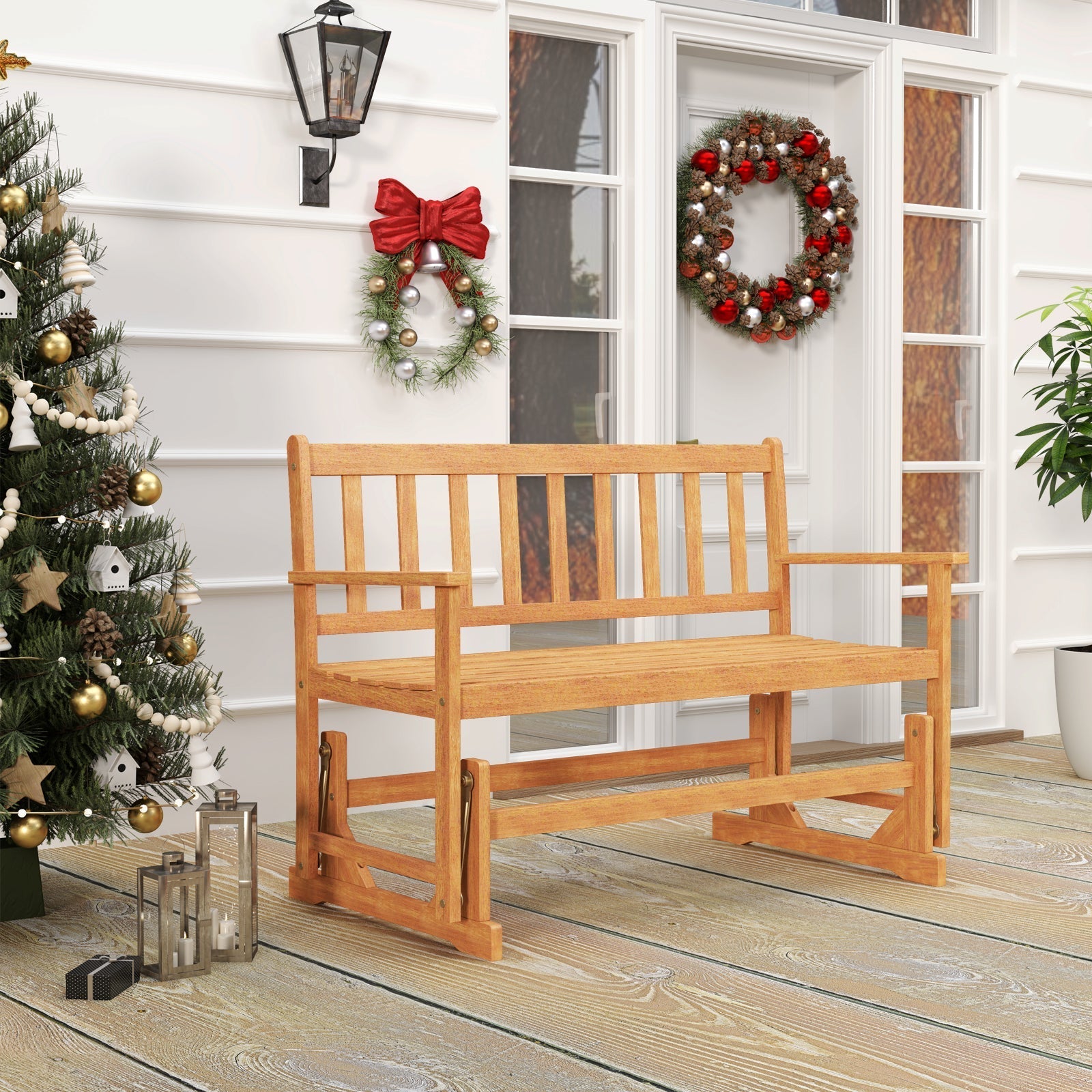 2-Person Outdoor Acacia Wood Glider Bench Patio Swing Rocking Loveseat