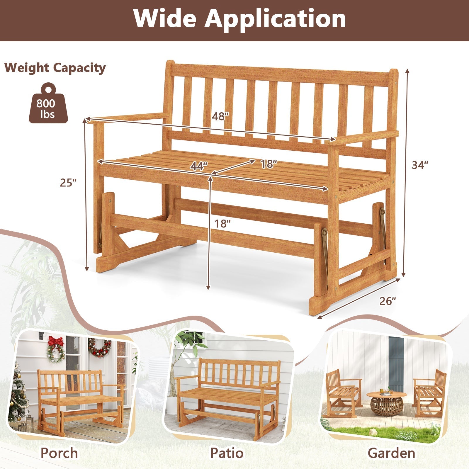 2-Person Outdoor Acacia Wood Glider Bench Patio Swing Rocking Loveseat