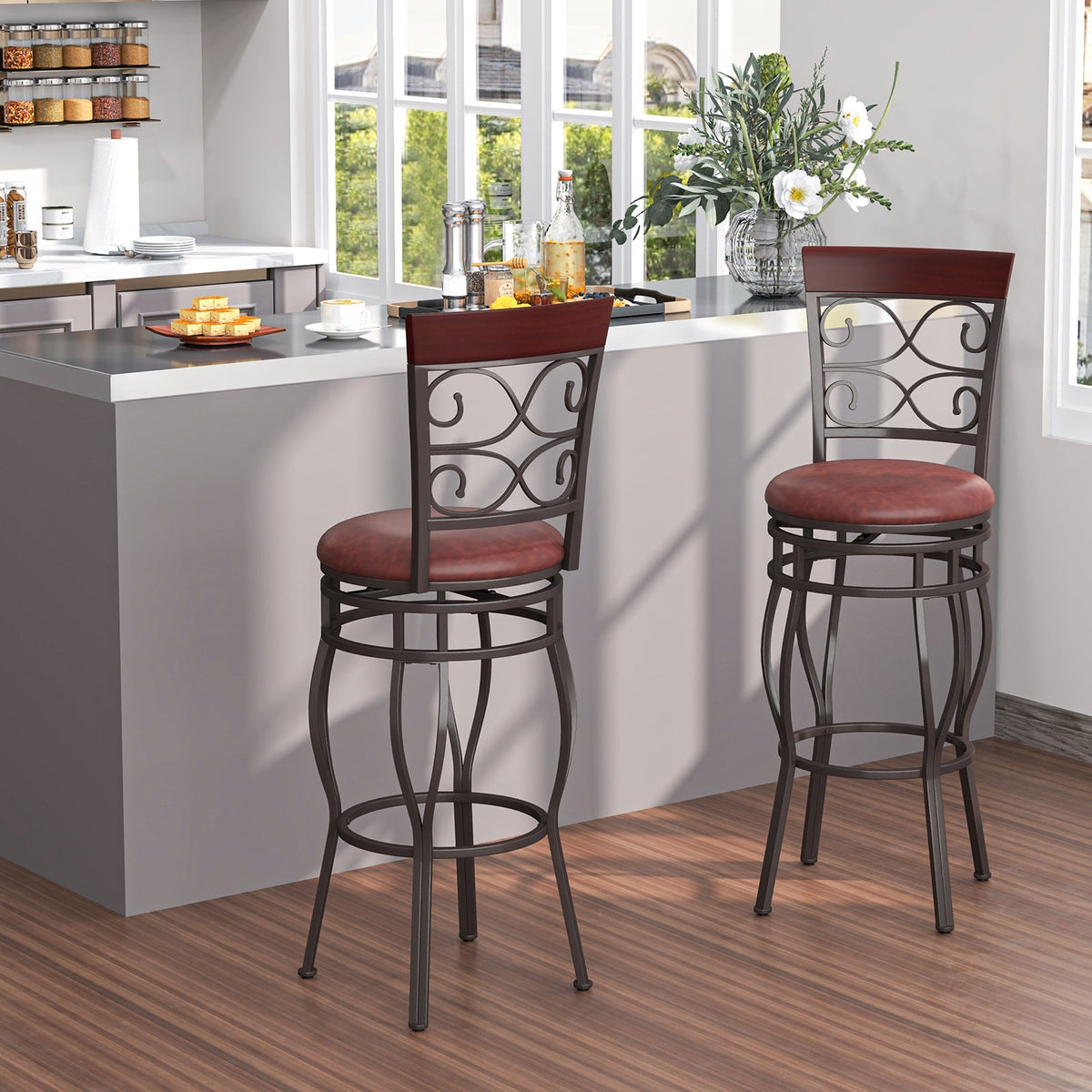 Set of 2 30 Inch Bar Stool with Backrest and Footrest