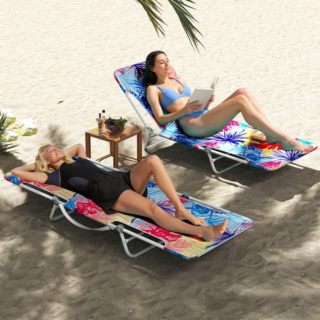 2 Pieces 5-position Lay Flat Beach Recliner with Carry Strap and Metal Frame