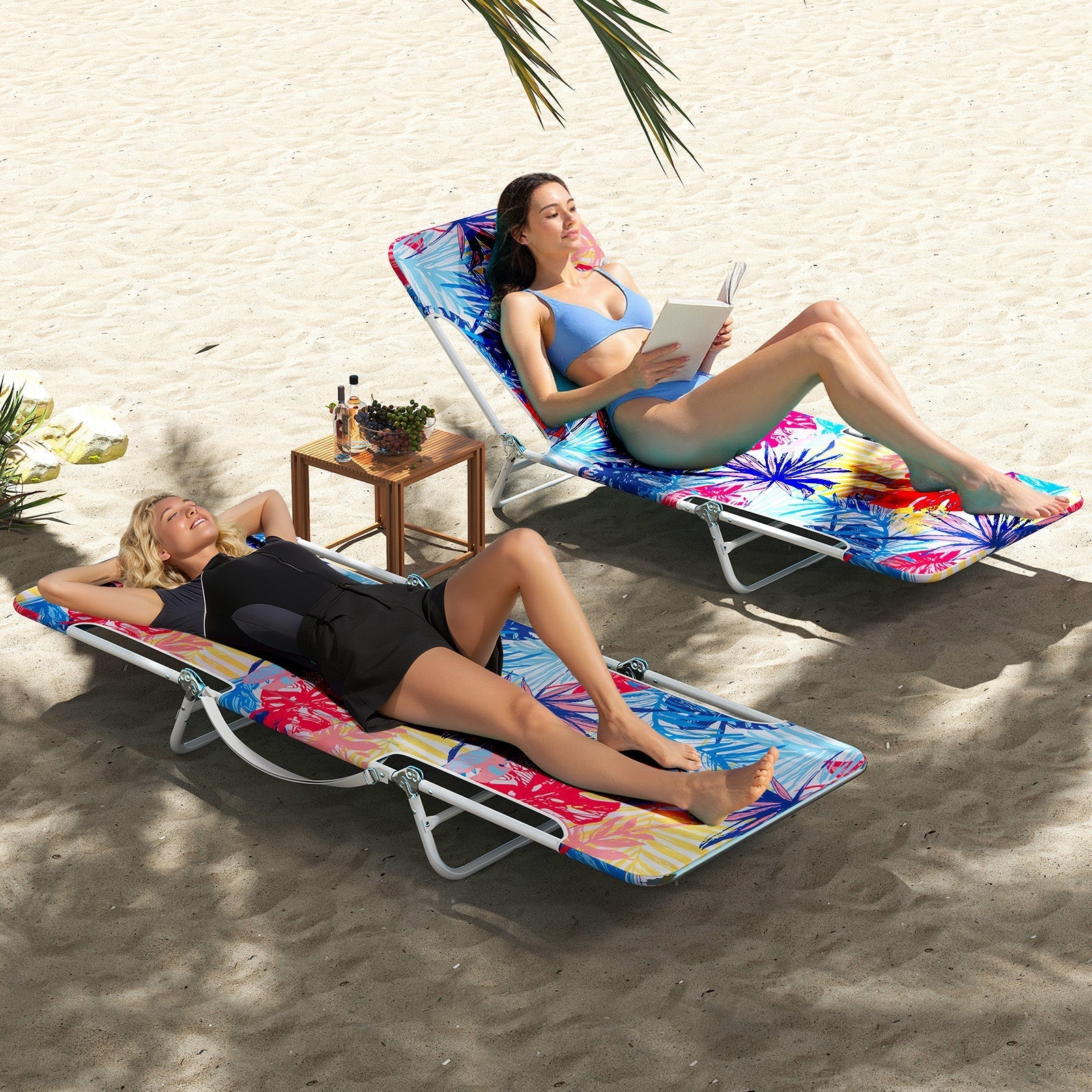 2 Pieces 5-position Lay Flat Beach Recliner with Carry Strap and Metal Frame