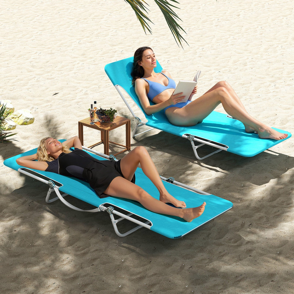 2 Pieces 5-position Lay Flat Beach Recliner with Carry Strap and Metal Frame