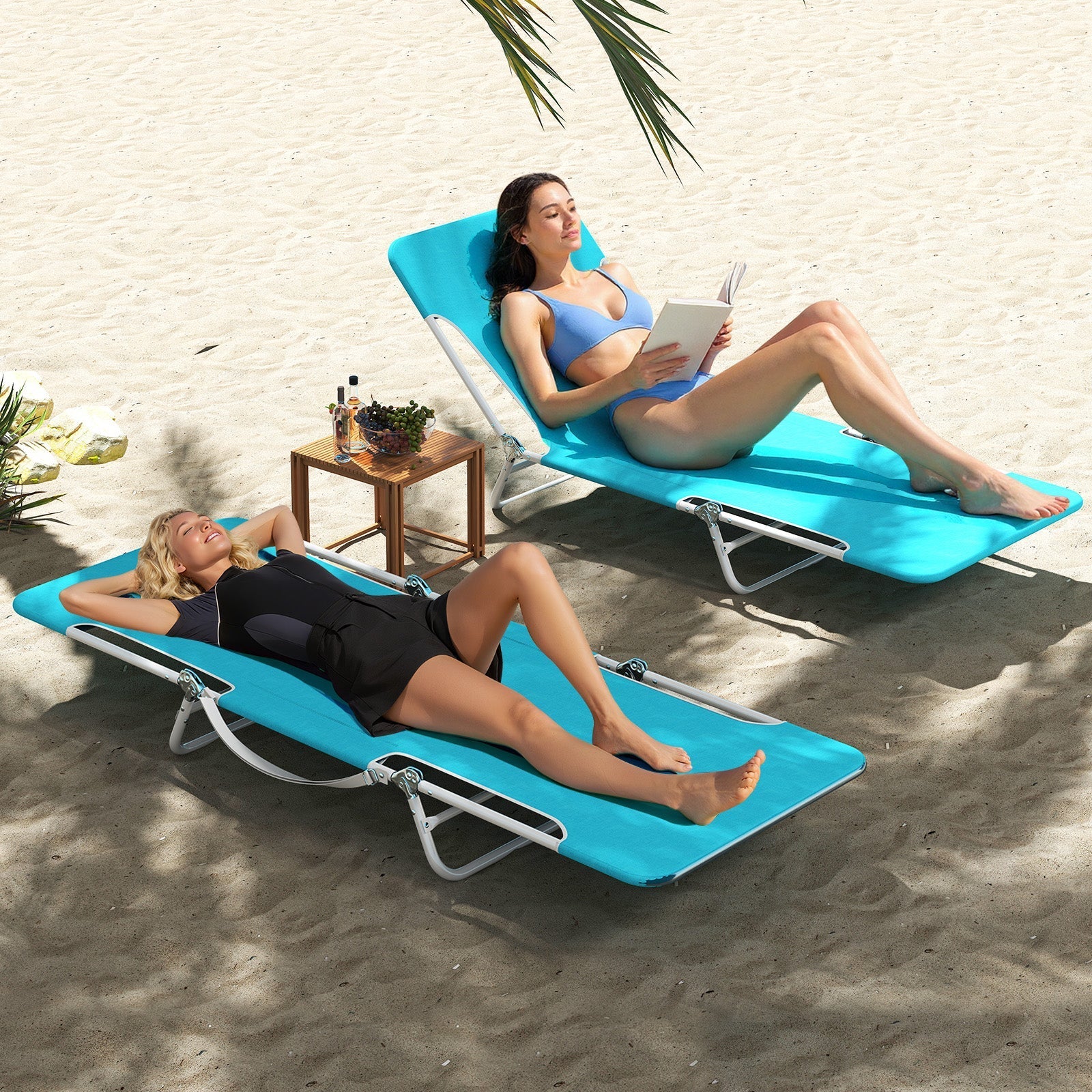 2 Pieces 5-position Lay Flat Beach Recliner with Carry Strap and Metal Frame