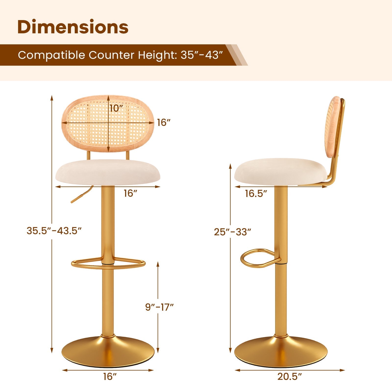 2 Pieces Bar Chairs with PE Rattan Backrest-360°Swivel and Height Adjustable