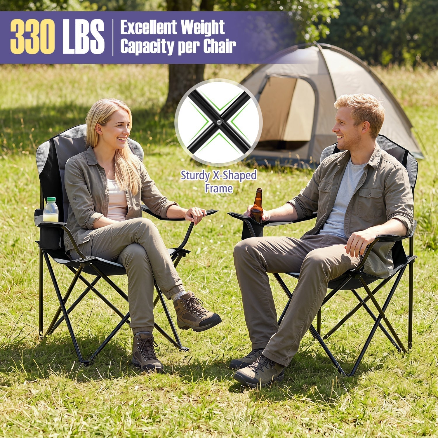Folding Camping Chairs for Adults with Cup Holders (2-Pack)