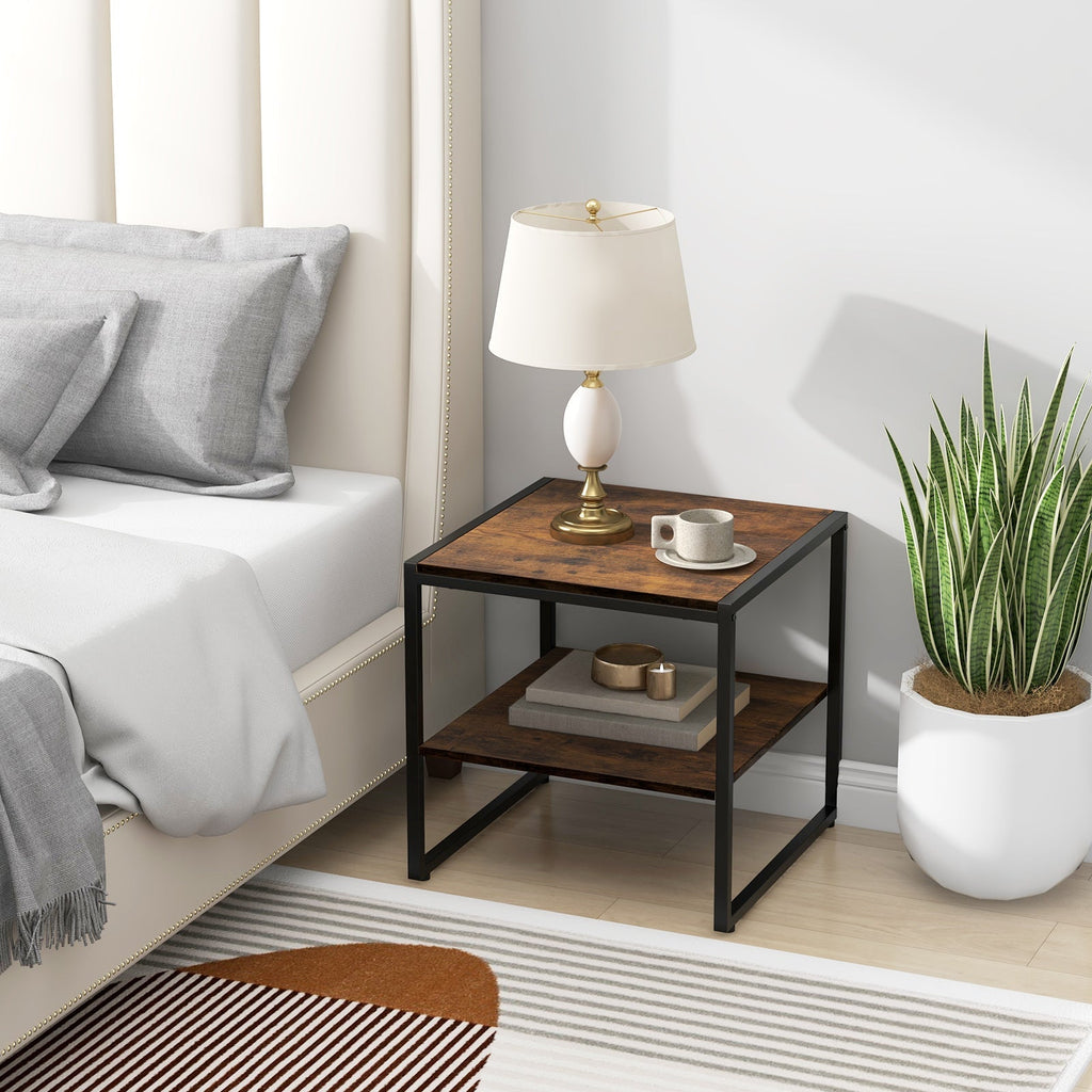 2 Pieces Industrial 2-Tier Side Table Set with Open Shelf-Rustic Brown