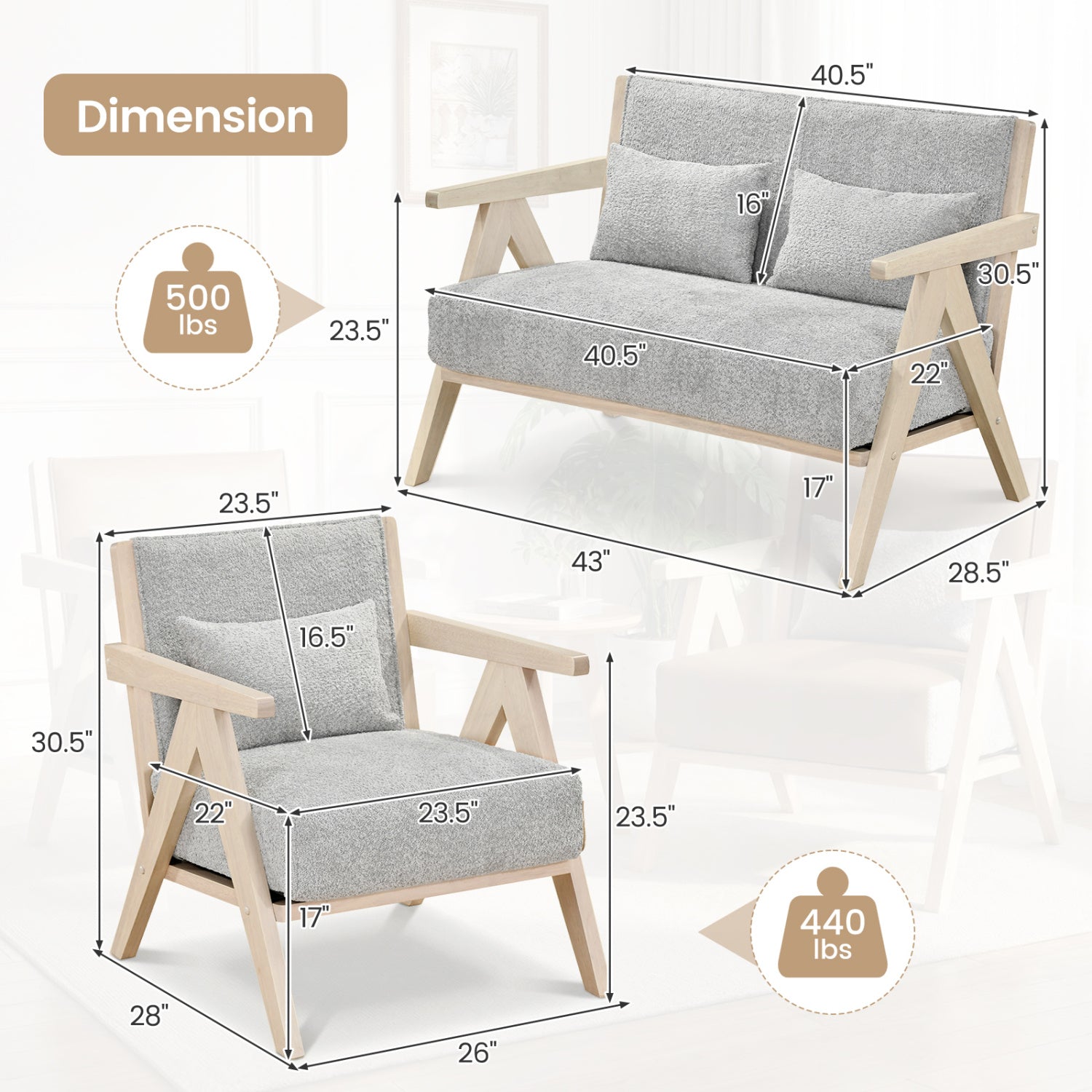 2 Pieces Living Room Furniture Set with Rubber Wood Frame