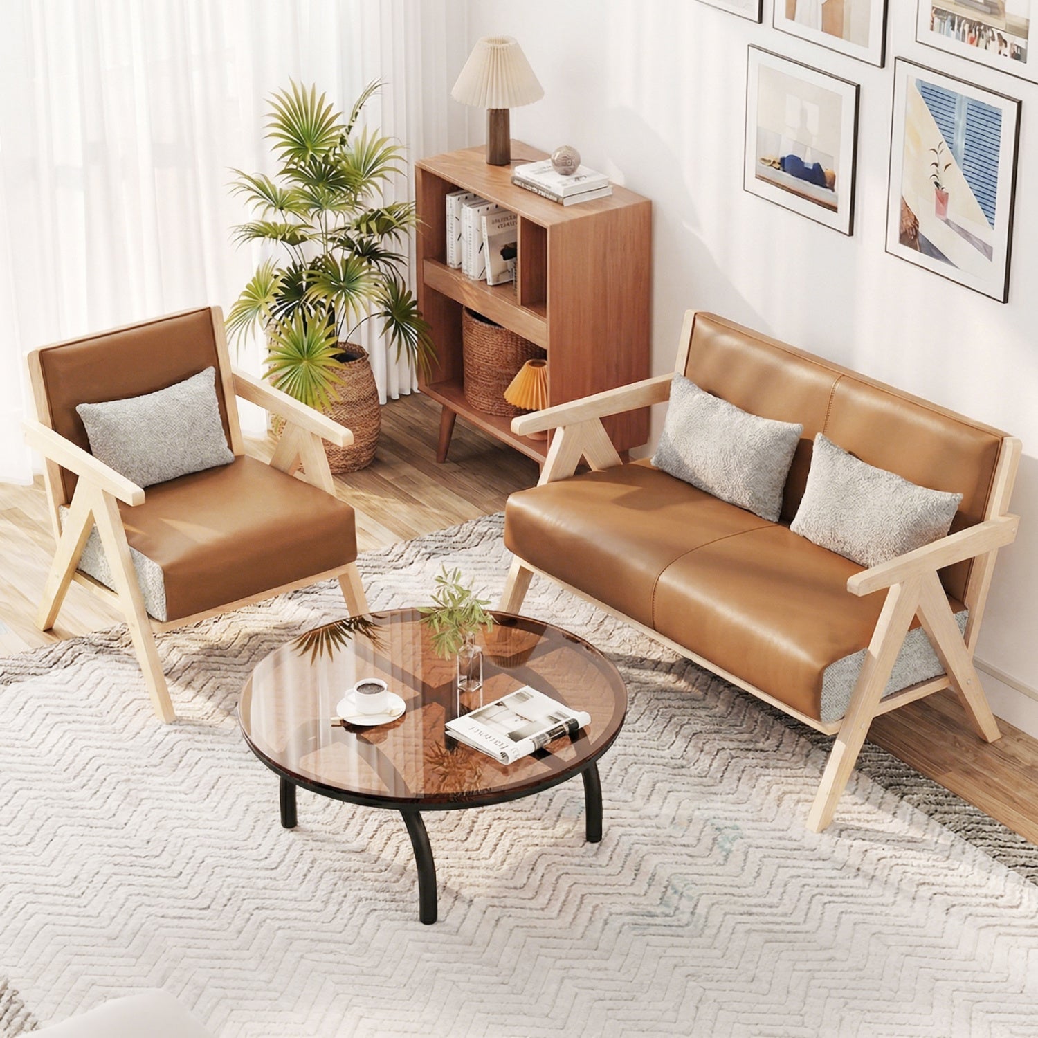 2 Pieces Living Room Furniture Set with Rubber Wood Frame